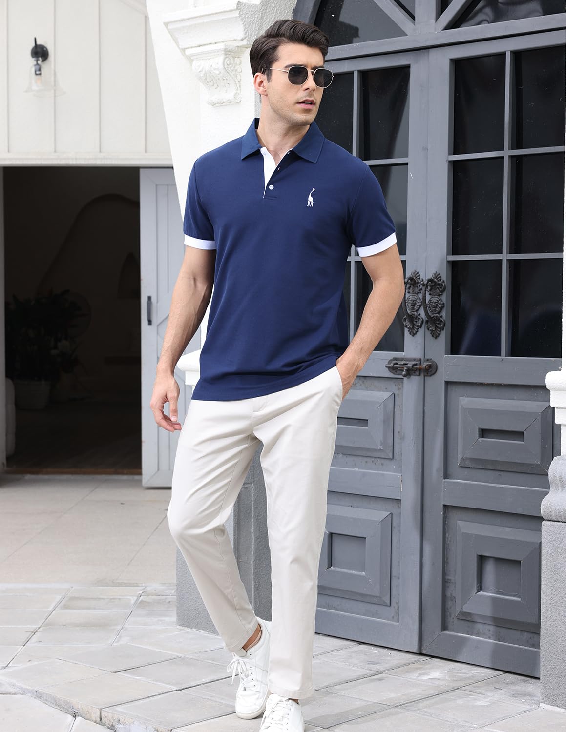 VMSUCIJ Polo Uomo Manica Corta in Cotone Giraffe Embroidery Classic Polo Neck Golf Shirt