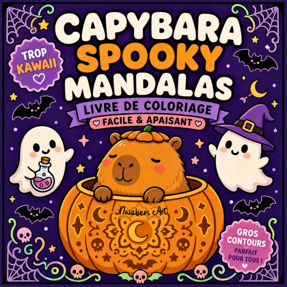 CAPYBARA SPOOKY MANDALAS: Livre de coloriage d'automne trop kawaii style Bold & Easy: Dessins simples d'Halloween, capybaras mignons et mandalas relaxants pour adolescents et adultes