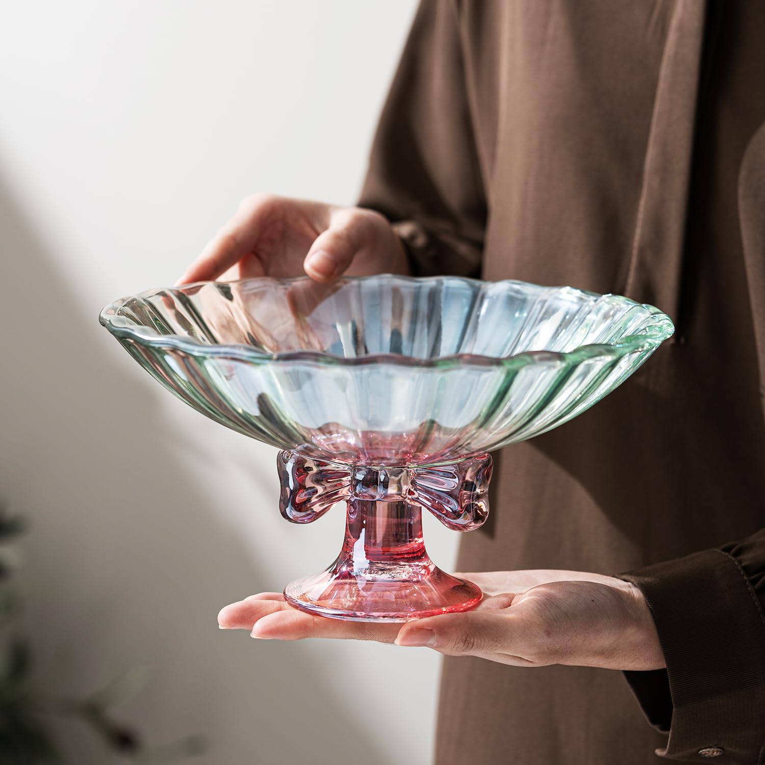 TUCHACA 9" Glass Pedestal Fruit Bowl - Green & Pink Bow Design, Lead-Free Crystal Glass, For Desserts, Snacks, & Decor