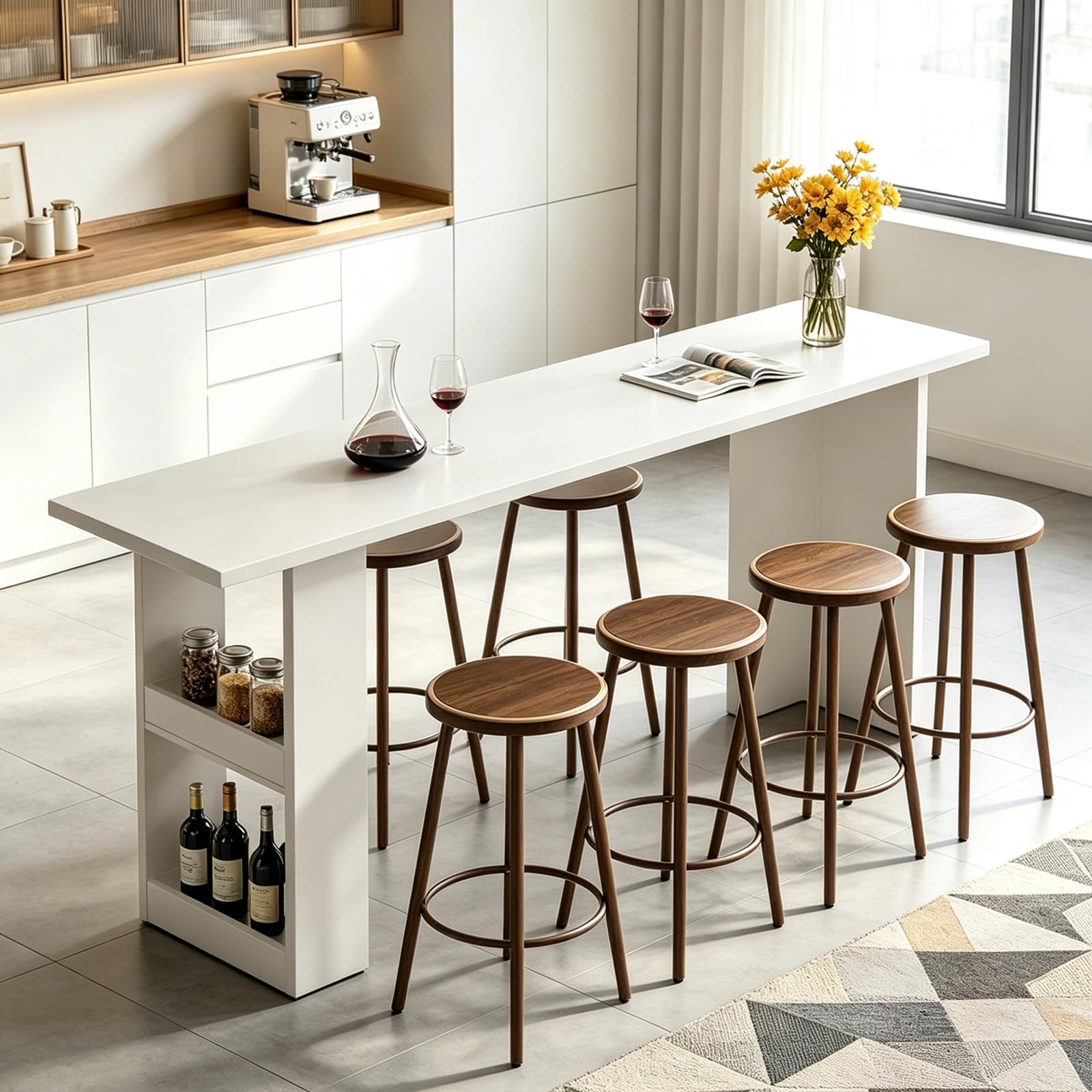 Mesa Bar de Madera Maciza con Almacenaje, Mesa Alta Cocina, Mesa Estrecha y Larga, Altura de Barra, Tablero Grueso 2,5 cm, para Cocina, Salón,Bares, etc.