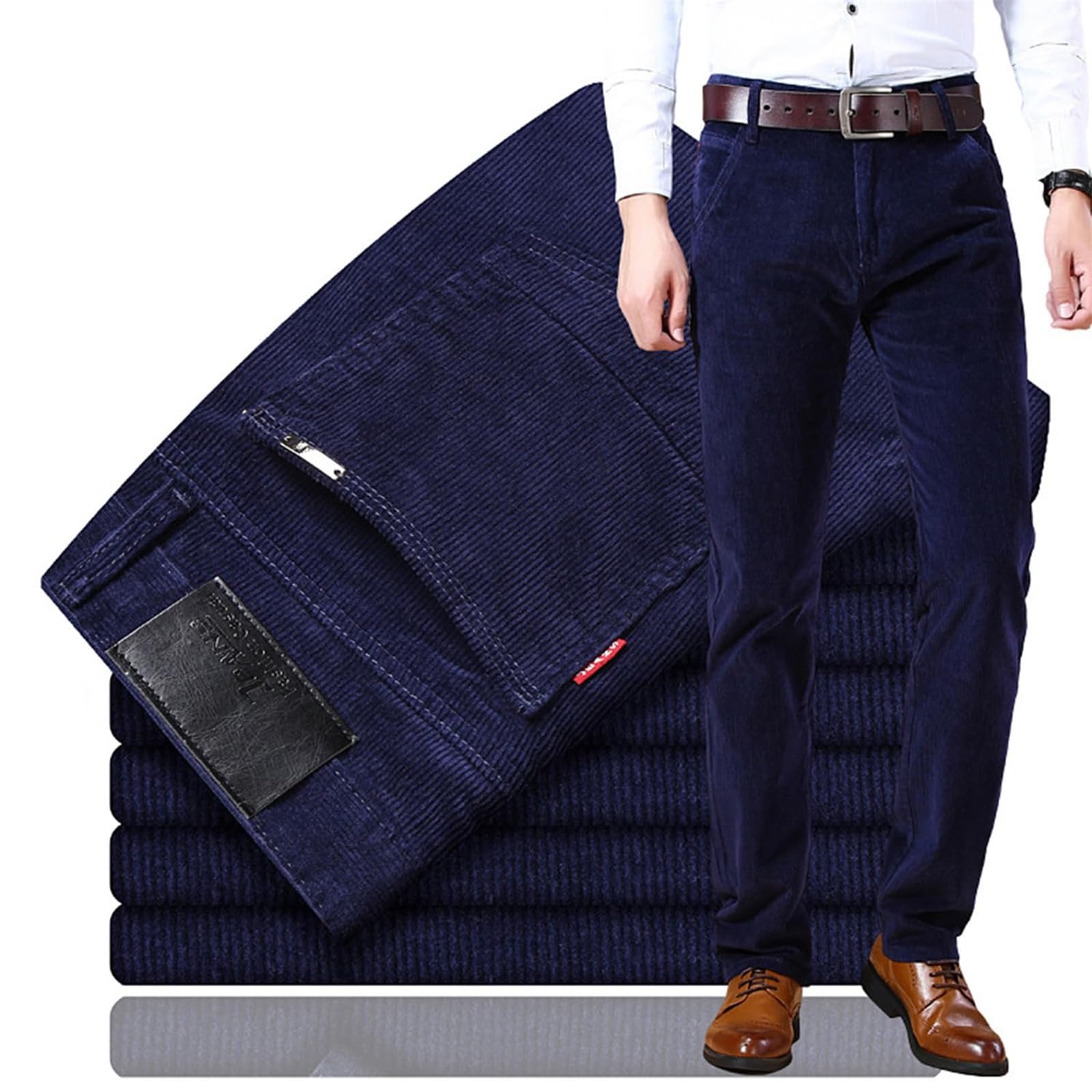 StyleWear Heren Comfort Stretch Standaard Zak Corduroy Broek Volwassenen Kantoor Riemlusjes, Bruin, 34W / 31L