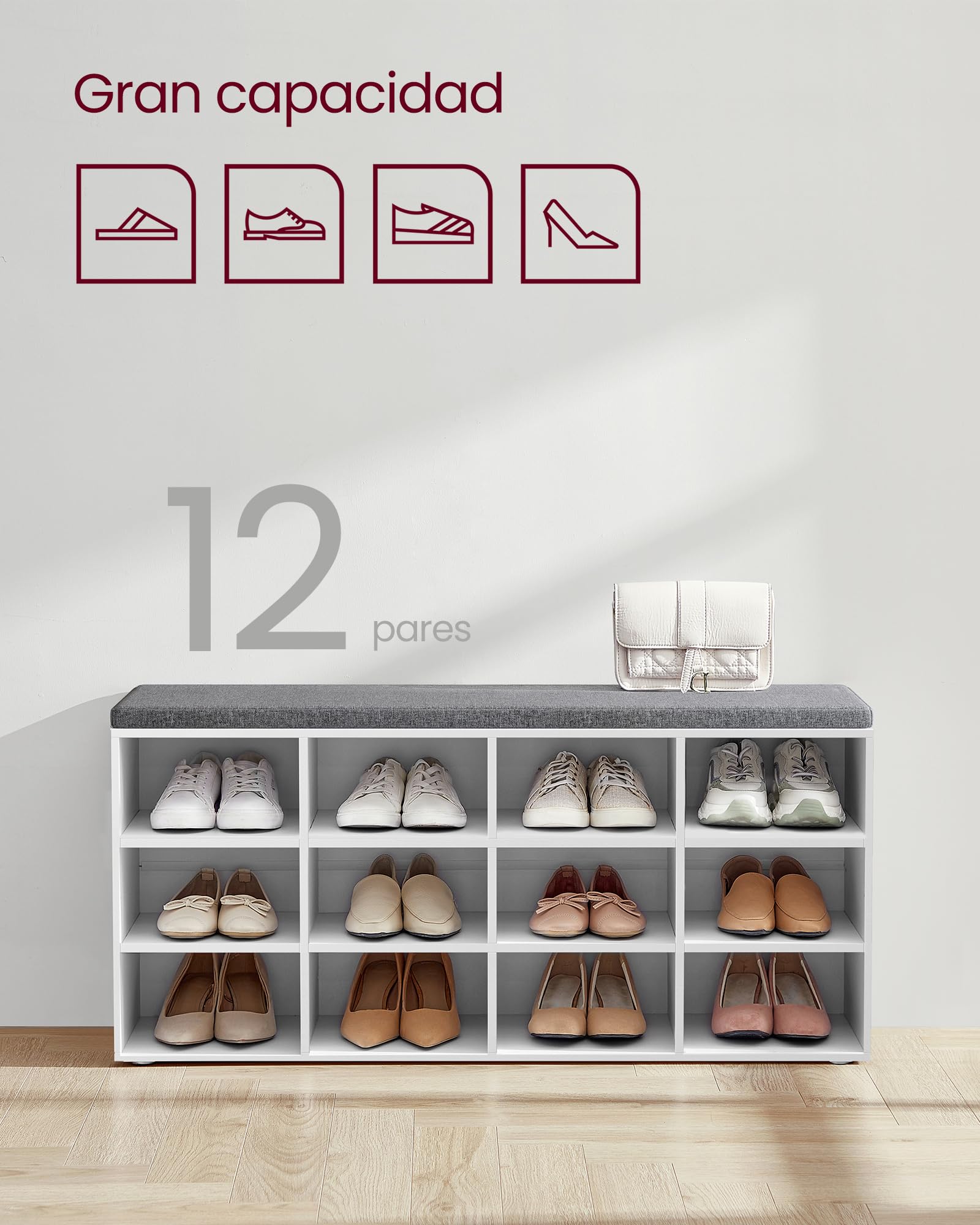 VASAGLE Banco Zapatero, Mueble Zapatero, Banco Recibidor con 12 Compartimentos y Asiento Acolchado, 30,3 x 104 x 48 cm, Entrada, Dormitorio, Sala de Estar, Blanco y Gris LHS012W14