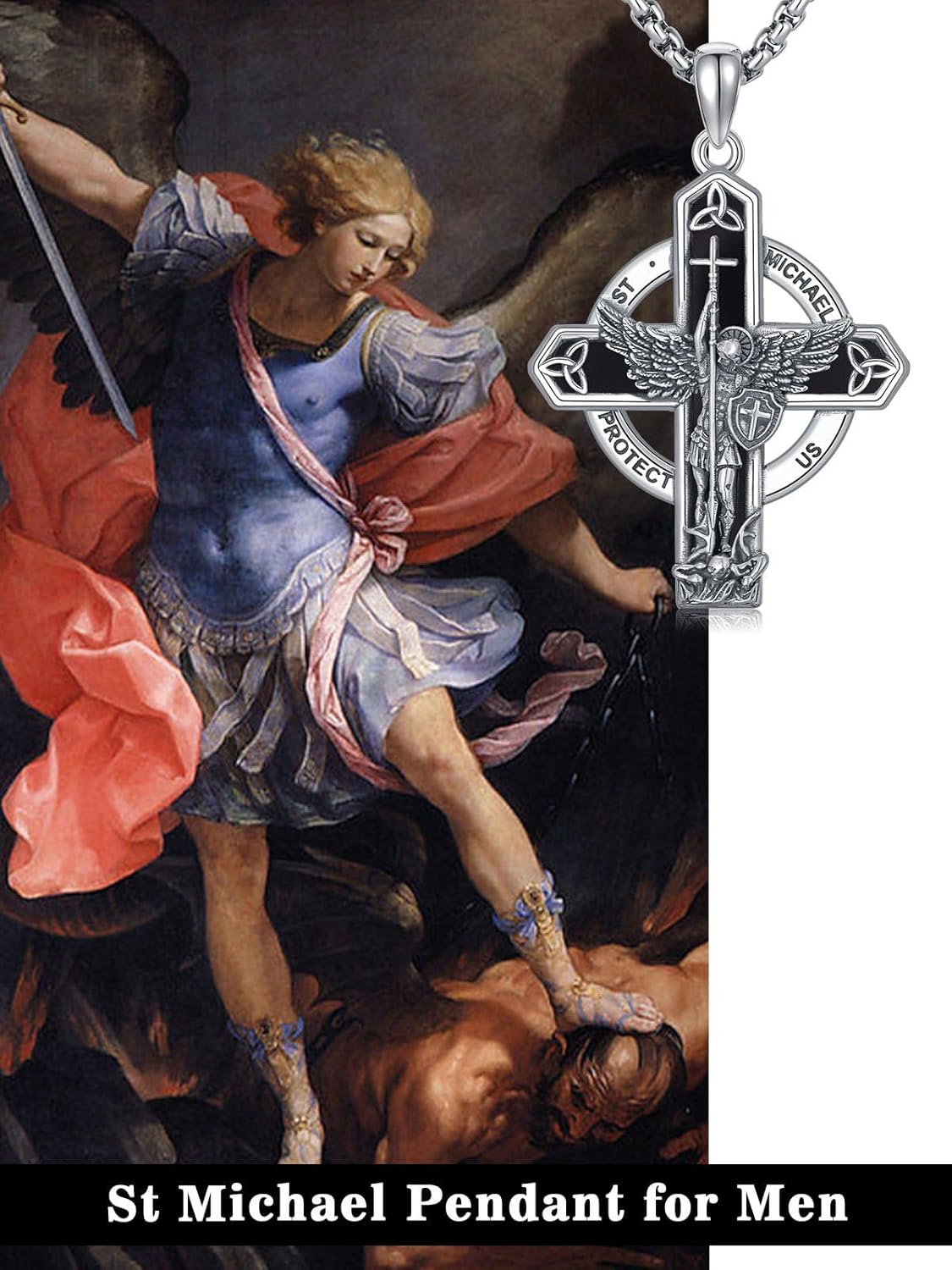 S925 Sterling Silver Patron Saint Amulet Necklace for Men Women Four Way Cross Pendant Religious Protection Medal Jewelry Birthday Fathes Mothers Day Gifts for Men Husband(with Gift Box)