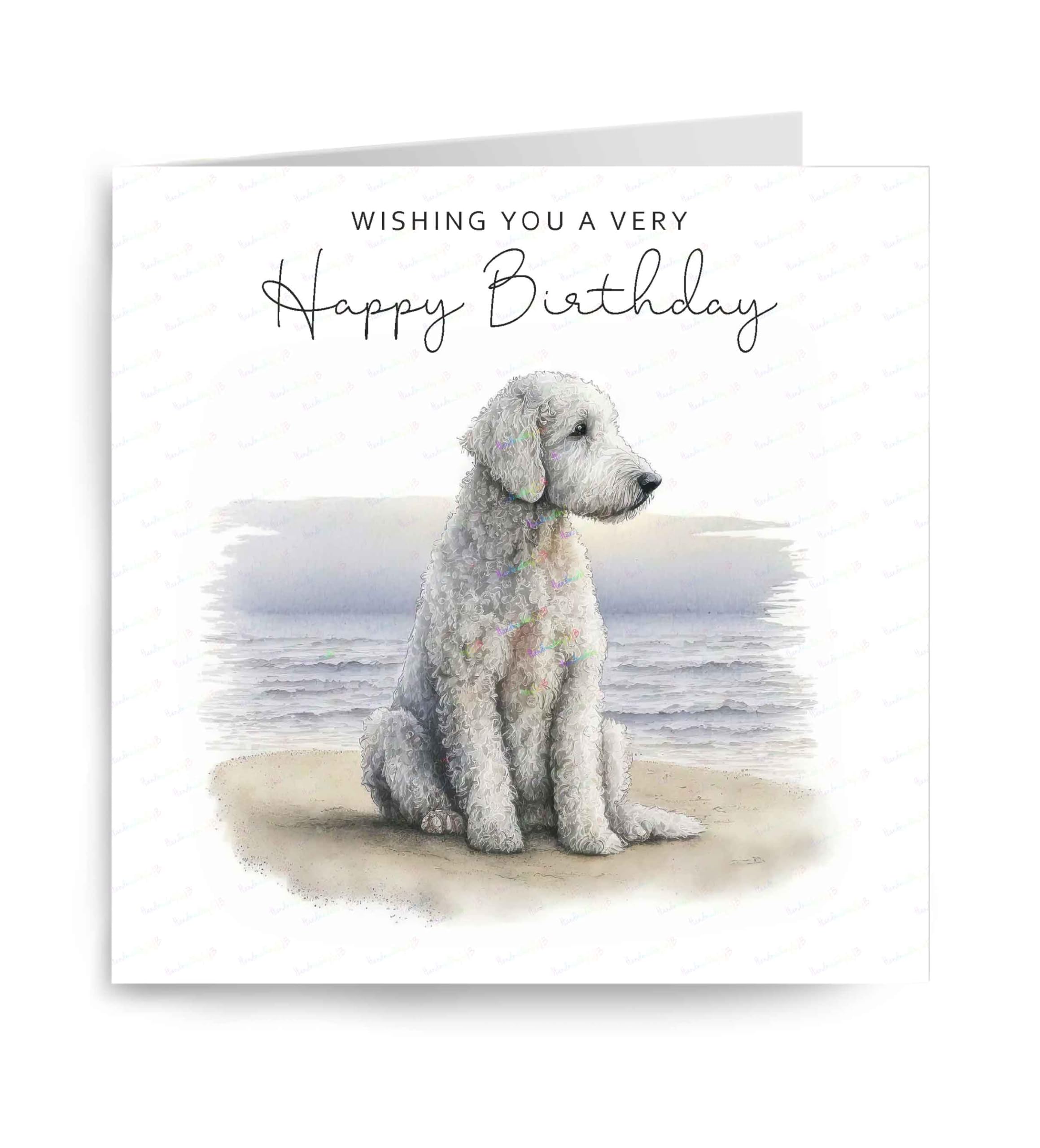 Bedlington Terrier Birthday Card, Lovely Dog Beach Scene Greetings Card, Dog on the Beach Birthday Card, Dog Seaside Birthday Card, 6" x 6", Blank Inside