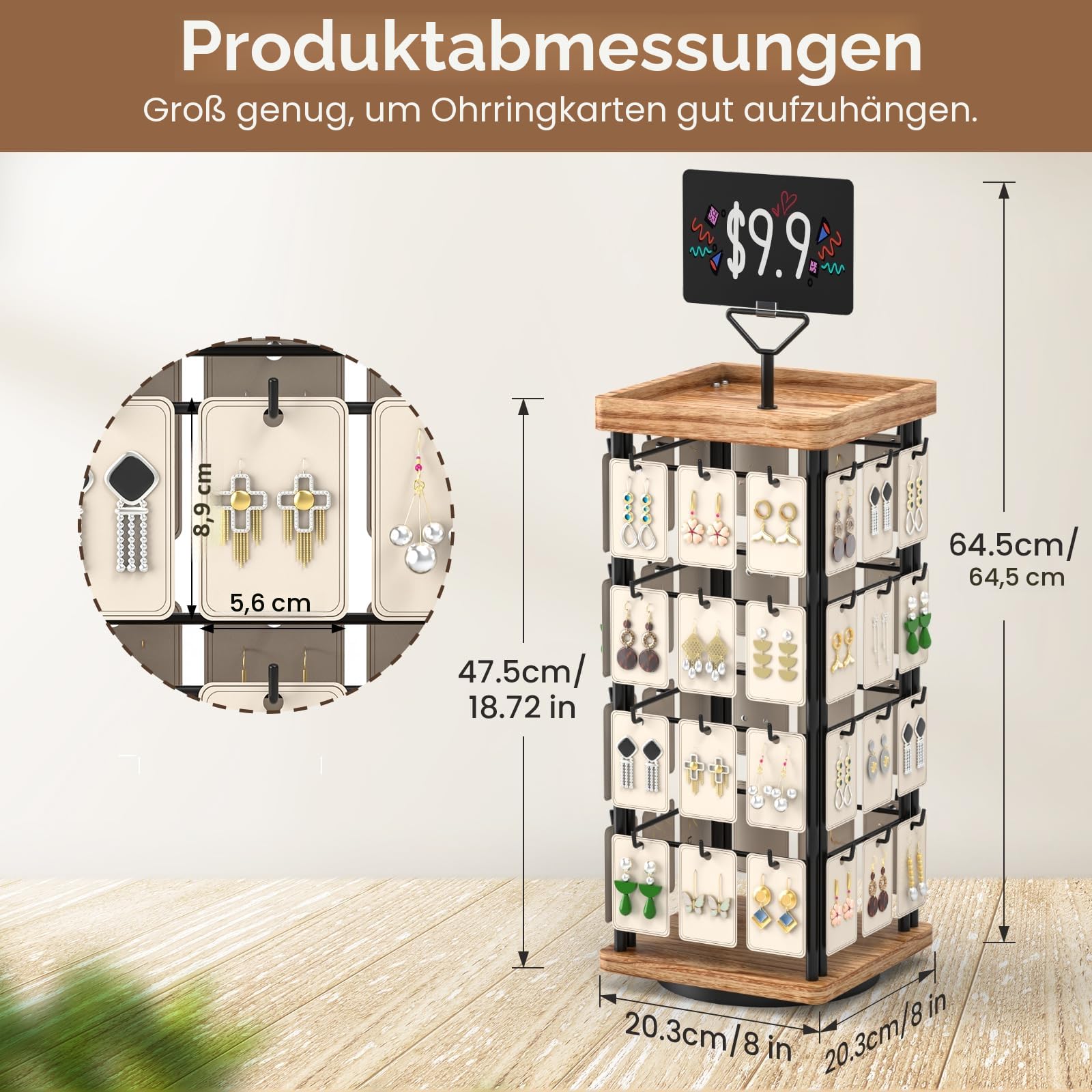 THYGIFTREE Drehbarer Ohrring-Display für Verkäufer, Schmuckständer zum Verkauf, Halskettenständer, Ohrringkarten zum Verkauf von Armbändern, Schmucktürmen (Naturholz)