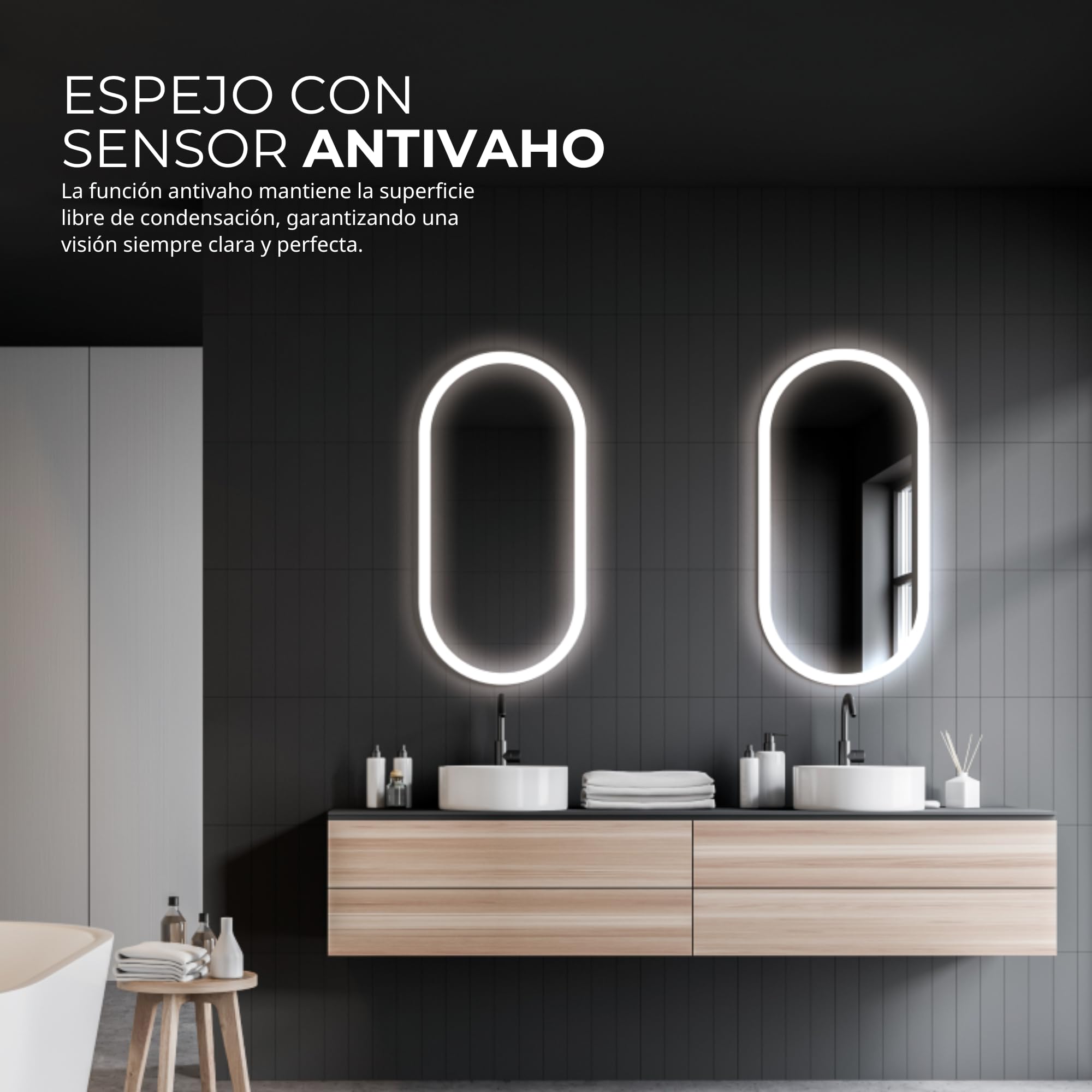 NOLUXA LEDIMEX - Espejo 50x90cm Baño con Luz LED y Antivaho | Espejo Inteligente con Luz Fría 6500k | Ovalado con Marco Acrílico Iluminado y Sensores ON/Off | Serie Canada