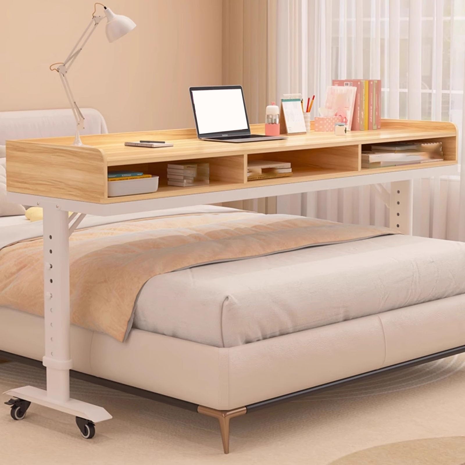 Laptop Desk Over Bed Table,Mobile Computer Table and Bed Table,Standing Workstation Laptop Cart,Dining Table or Laptop Cart Bed Table Desk,for Home,Office and Hospital.(Natural,150x40x68cm)