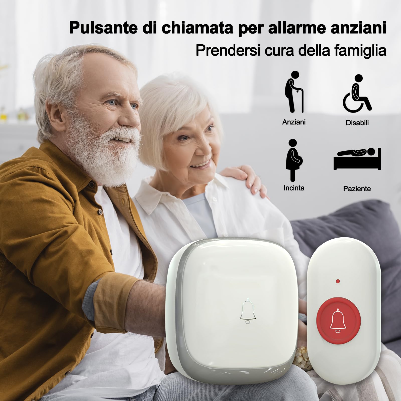 SOS Salvavita Anziani, Wireless Cercapersone Campanello Anziani con Pulsante Emergenza e Salvavita 150m+ per Casa/Anziani/Donne Incinte/Disabili, 2 Ricevitori + 2 Trasmettitori