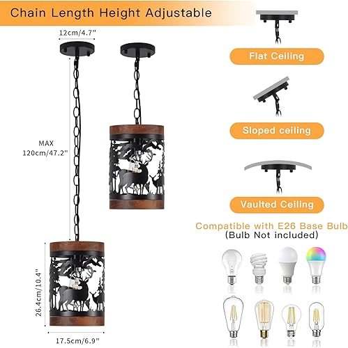 Miniatura 2 de Lámpara colgante rústica de ciervo, 1 lámpara de araña de madera y metal de granja, lámpara de techo colgante ajustable para isla de cocina,