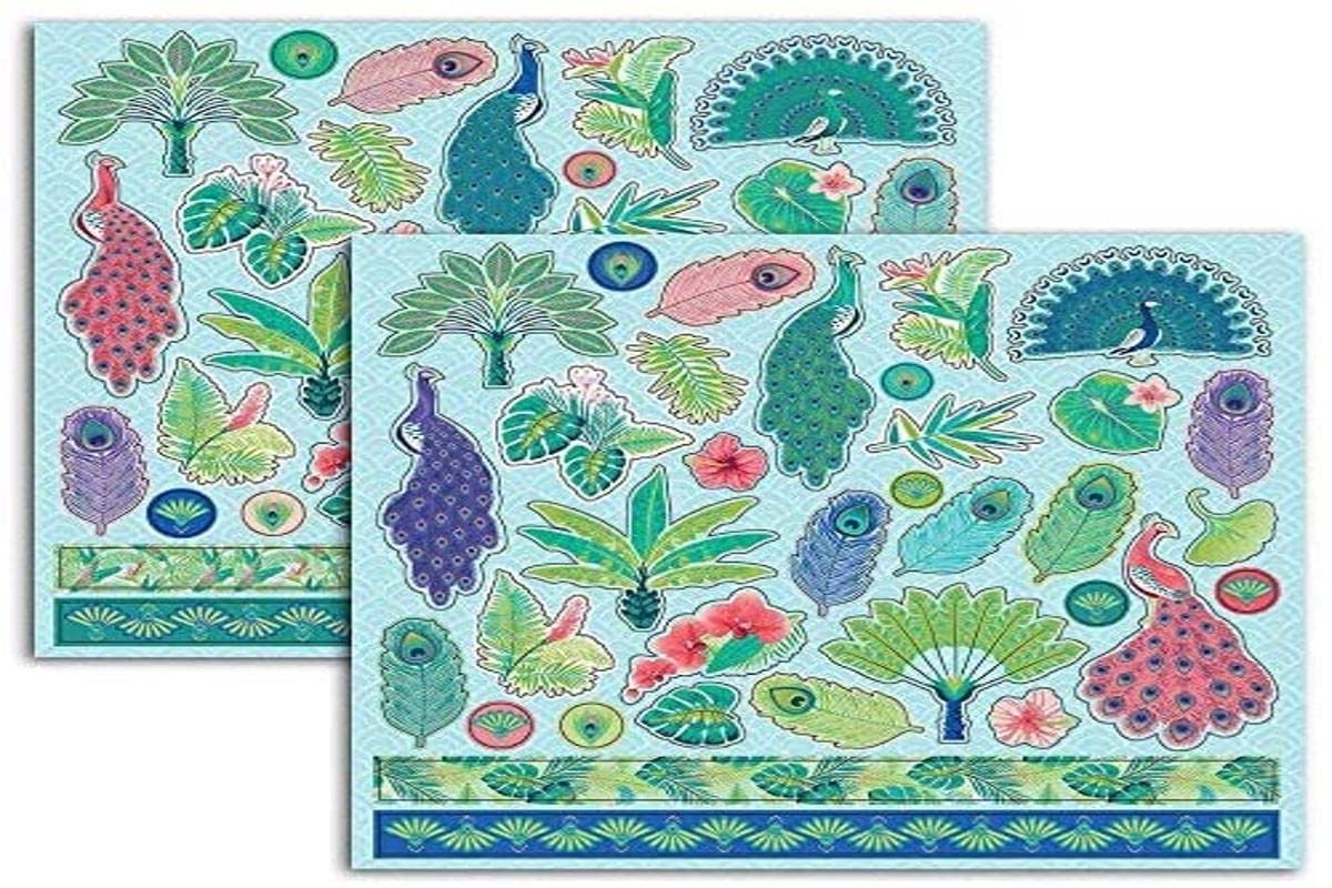 Toga paons 68 Stickers, papel, vert-bleu-violet, dimensiones de una tabla: 15 x 15 cm