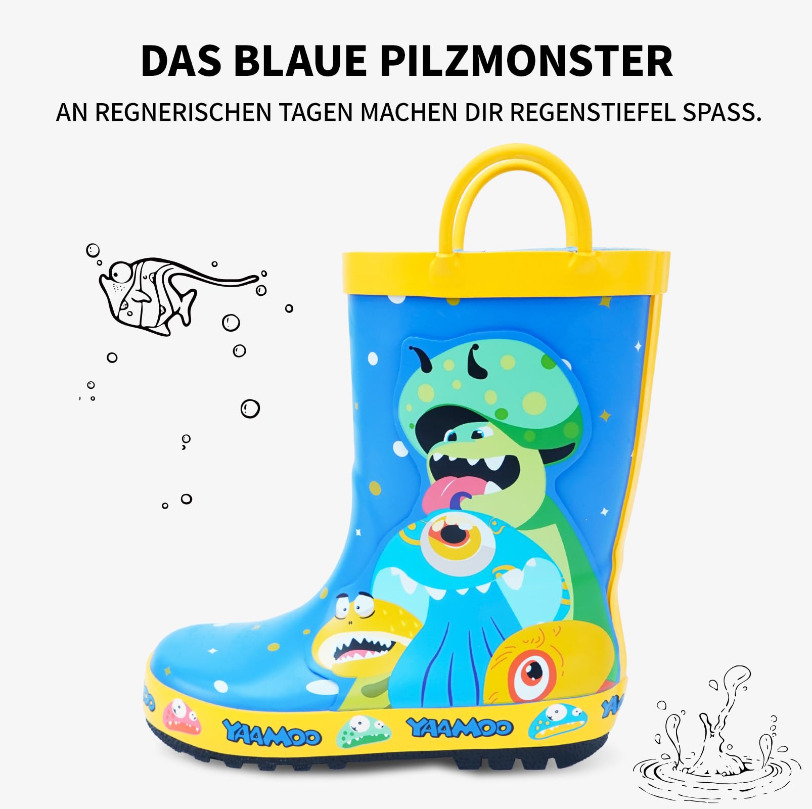 Gummistiefel Kinder mit Griffen, Gumischtifel für Jungen & Mädchen Outdoor, Wasserdichte Regenstiefel Kinder, Anti-Rutsch Sohle, Gr. 23-34