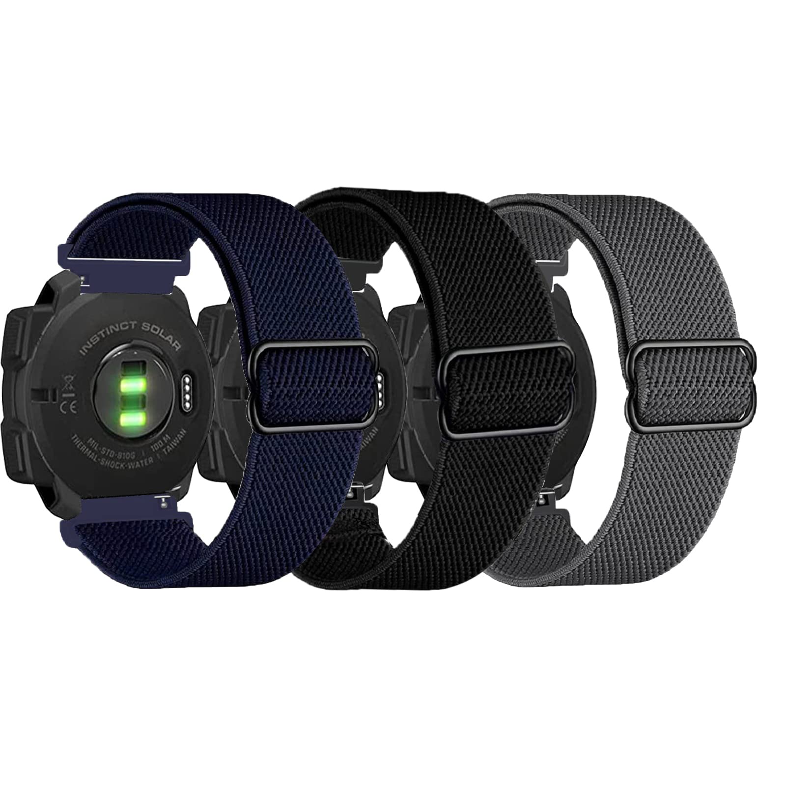 3 Packs Stretchy Nylon Bands Compatible with Garmin Instinct/Instinct 2 Solar, 22mm Sport Breathable Wristband for Garmin Instinct Tactical/Solar/Tide/Esports?Black/Gray/Blue?