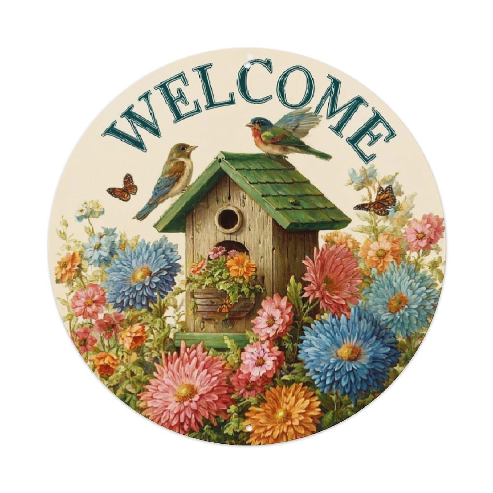 Welcome Birdhouse Flowers Butterflies Garden Round Metal Tin Sign Vintage Wall Decor, Bar Garage Cafe Kitchen Home Wall Art Poster 8x8inches