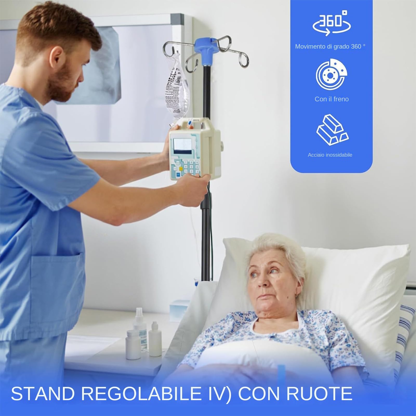 Portaflebo Attrezzatura Medica Assistenza Altezza Regolabile | Supporto Flebo Ospedaliero Con Gancio Portabottiglia per Ospedale, Cliniche, Casa, , Uso interno, Esterno, Viaggi,