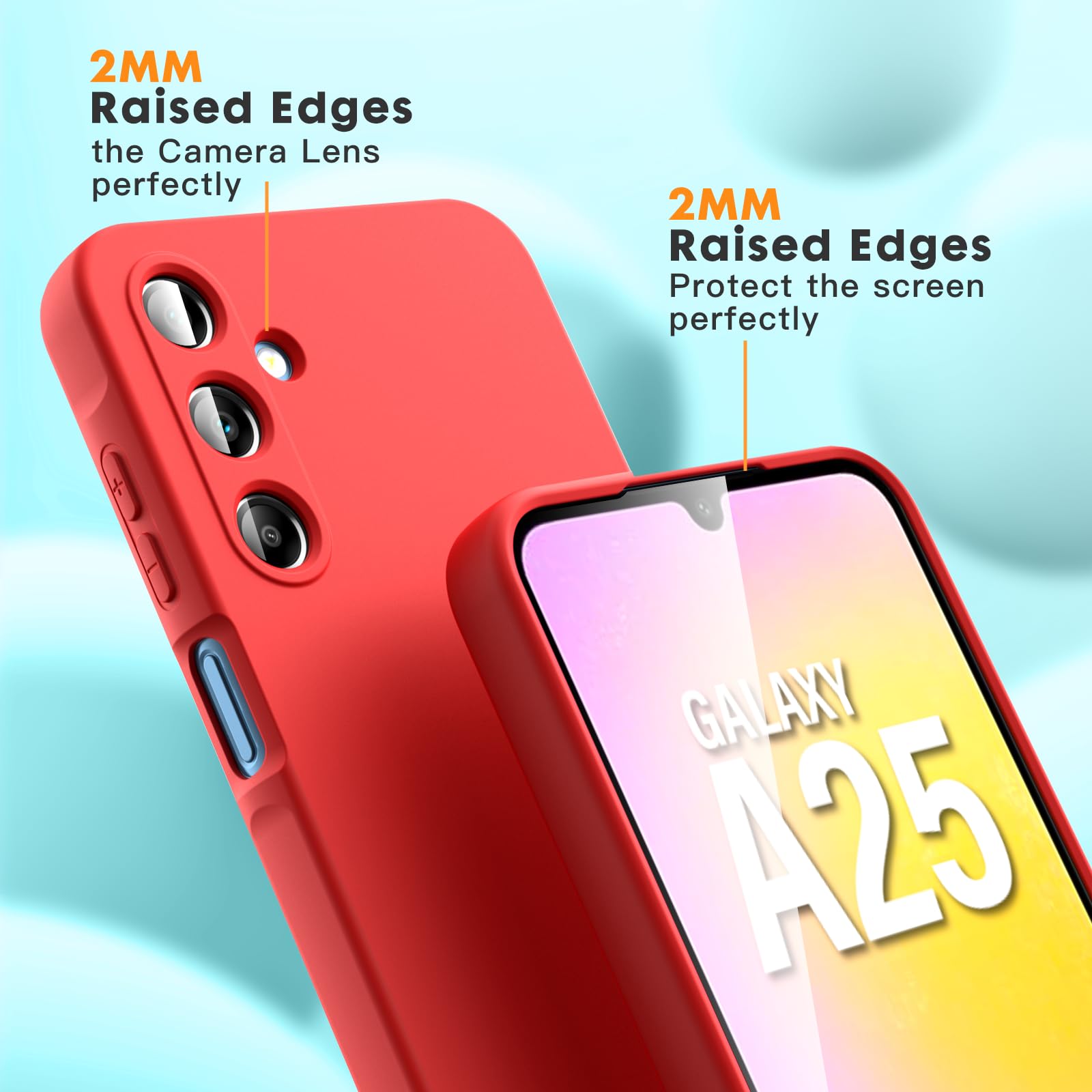 Vansdon Cover Compatibile con Samsung Galaxy A25 5G, 2 Pellicola Protettiva in Vetro Temperato, Gomma Gel di Silicone Liquida Antiurto Custodia - Rosso