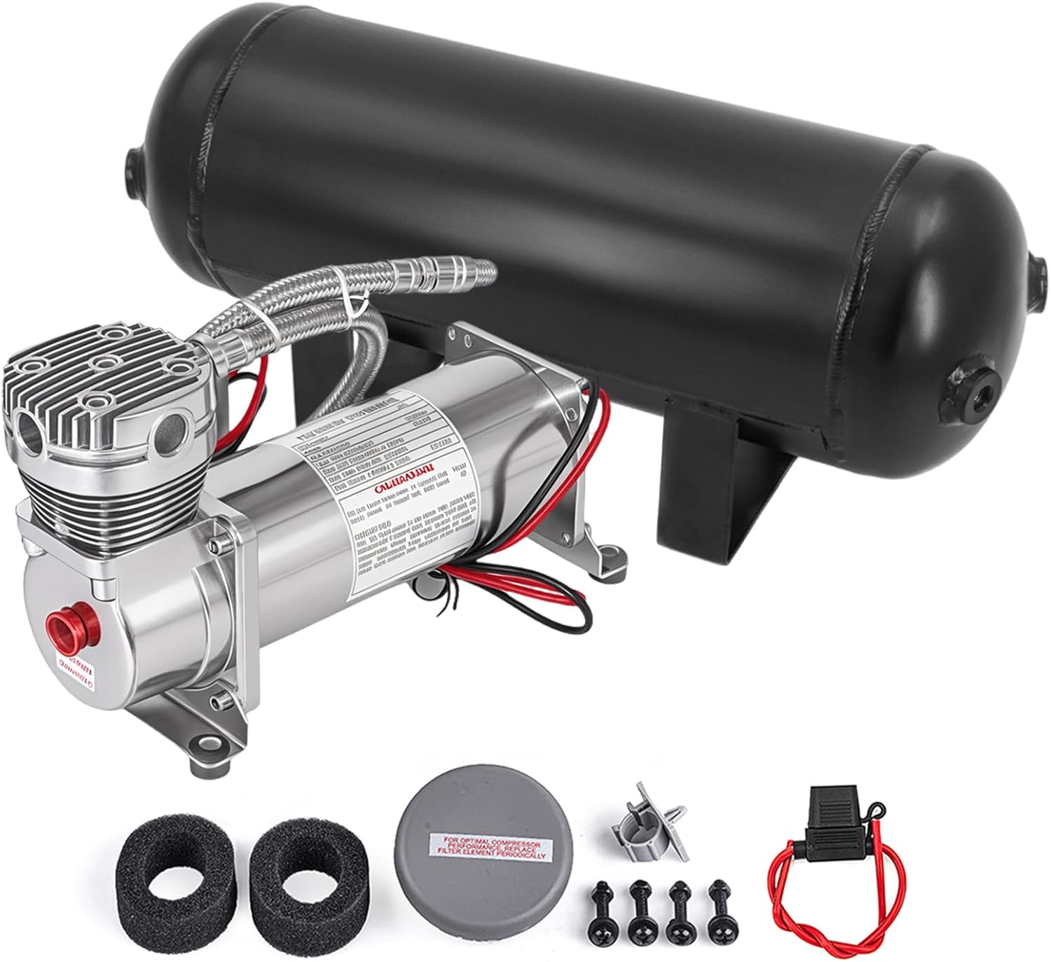 200PSI Heavy Duty Air Suspension Kit, Portable On Board Air Compressor Silver with 3 Gallon (12 Liter) Compressed air Storage Tank for Air Ride Suspension Car Train Truck Horn Black