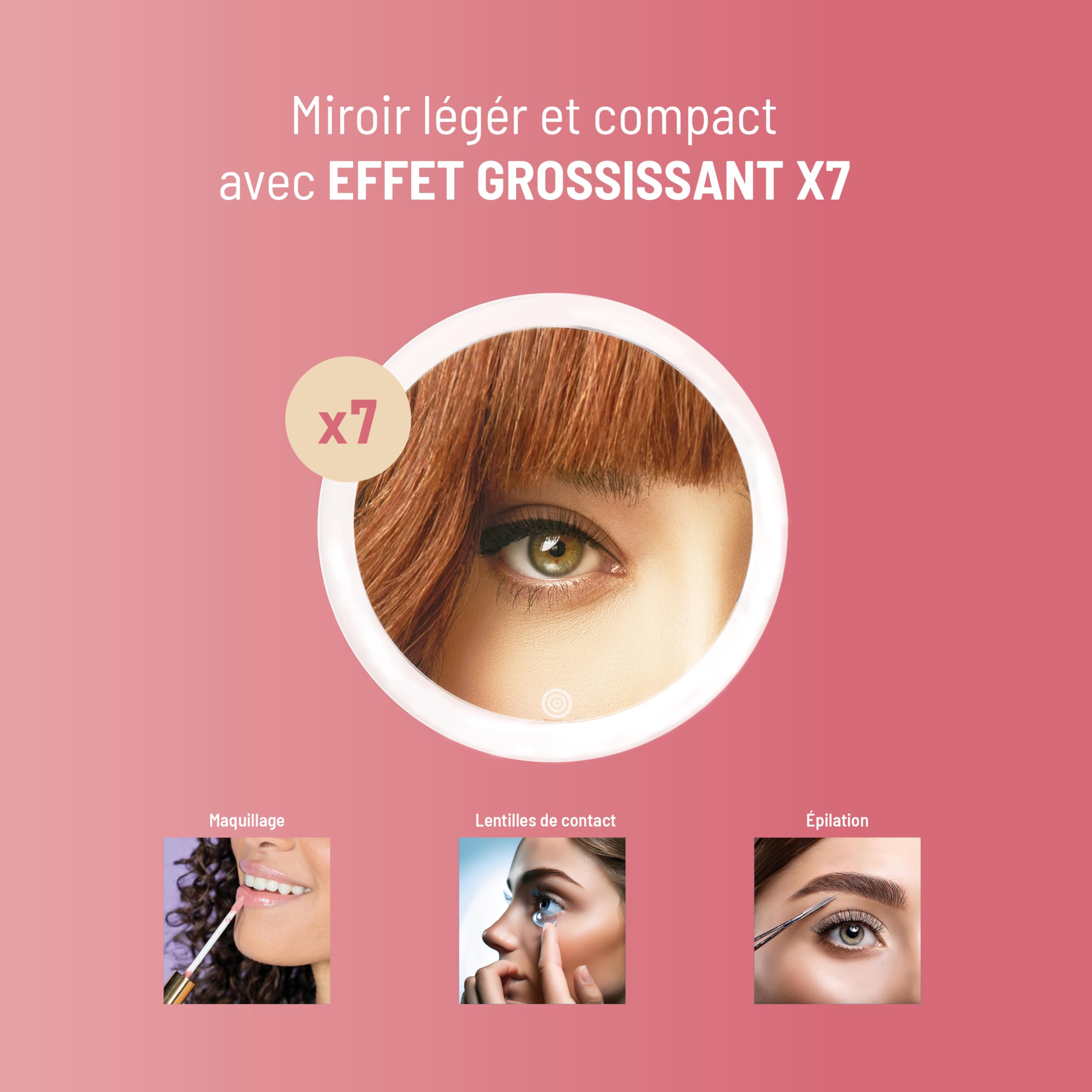 Haepi Colette Miroir Grossissant 7X Lumineux 3 Modes d'éclaraige LED avec Ventouse Rechargeable