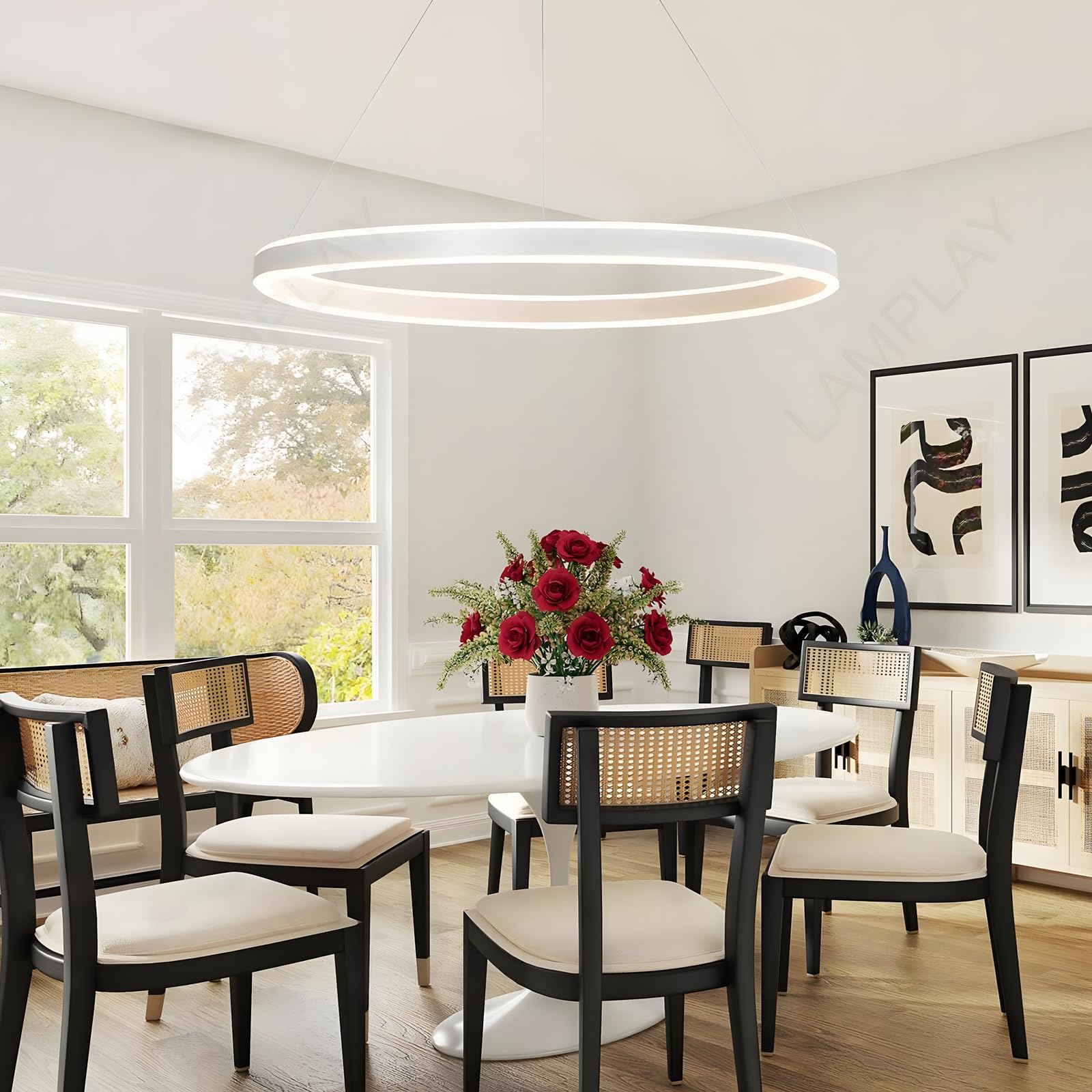Lampada A Sospensione Moderna A LED Rotonda, 1 Lampadario Ad Anello Bianco, Dimmerabile Con Telecomando 3000K-6000K Lampada Da Soffitto, Altezza Regolabile, Soggiorno Camera Da Letto(Ø60cm)
