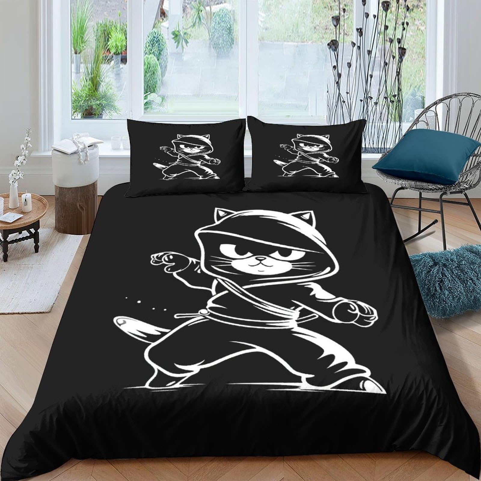 Housse de couette chat noir en microfibre douce anti-plis