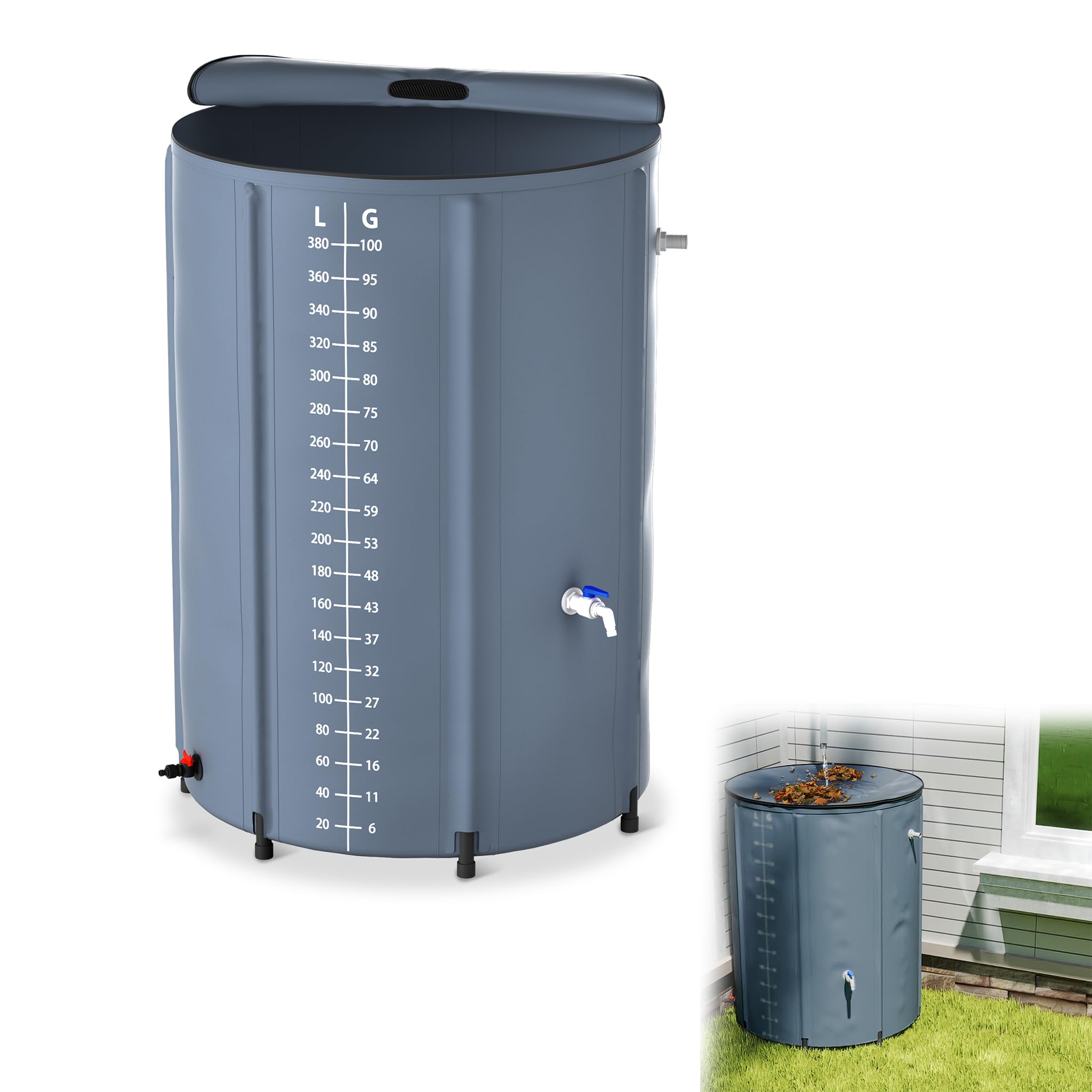 YRHome 380 Liter Faltbare Regentonne Regenwassertonne Regenwassertank UV-stabil & witterungsbeständig Mit Überlaufschutz & seitlicher Skala Kompakt für Garten, Balkon, Camping Grün