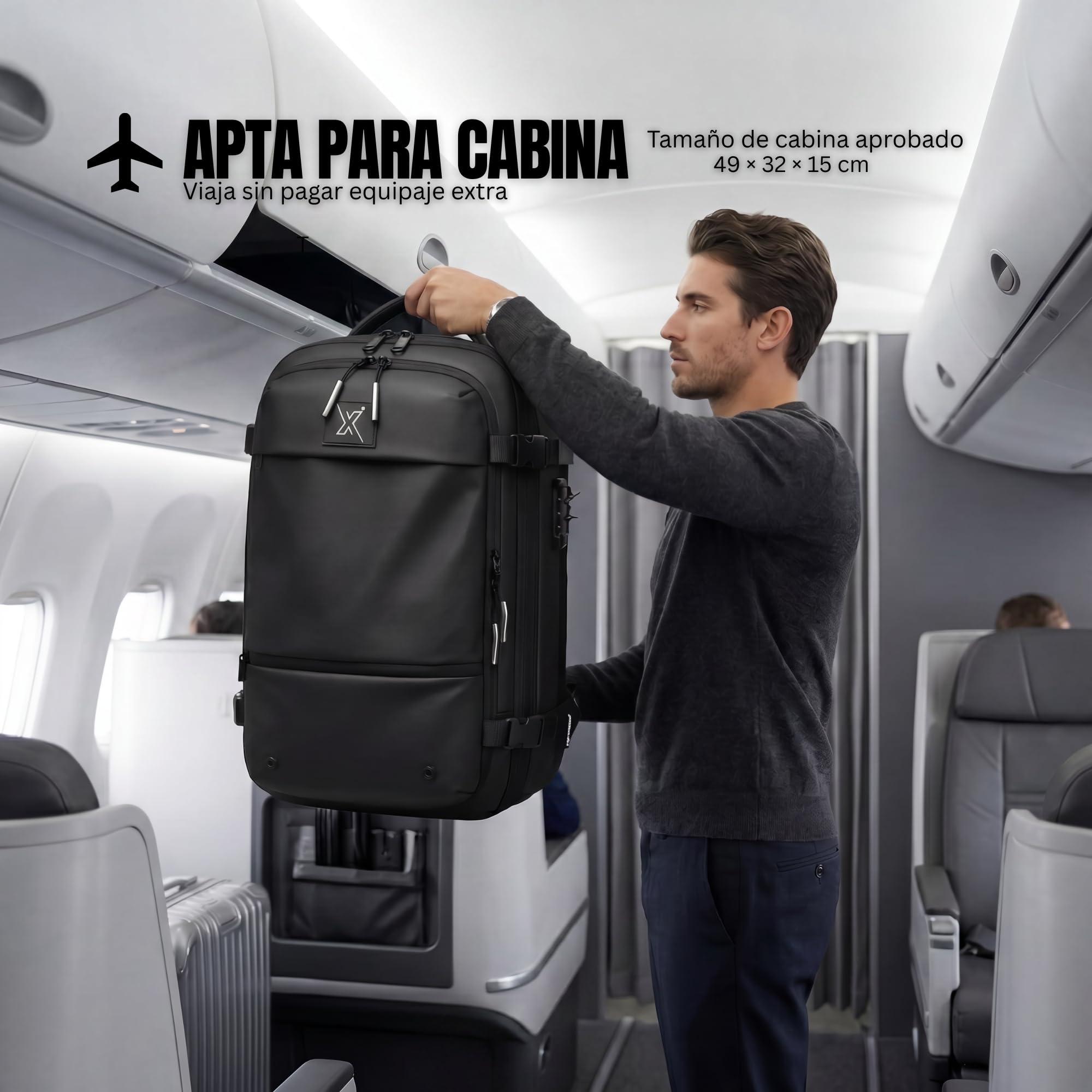 Mochila de Viaje Cabina 49x32x15 con Compresión al Vacío y Mini Bomba, Candado TSA, Portátil 17,3", Impermeable – Apta Ryanair y Vueling (Hombre y Mujer)