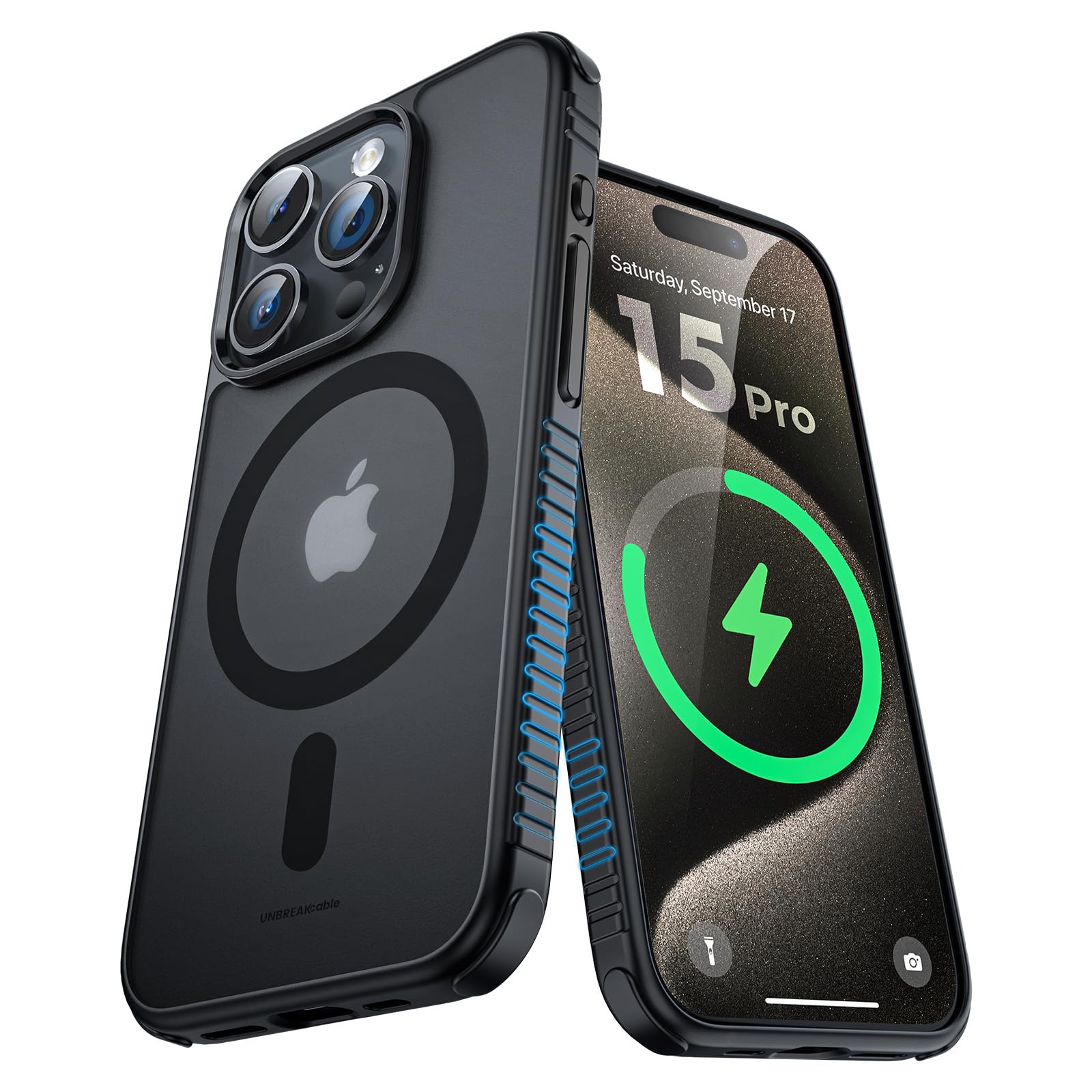 UNBREAKcable Magnetisch für iPhone 15 Pro Hülle für MagSafe [Stoßfest in Militärqualität] [rutschfeste Seitenrillen], Matte Rückseite & Weiche Silikon Schutzhülle, Durchscheinende Schwarz