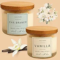 Kit 2 Velas Aromáticas Perfumadas, Lavanda e Vanilla (Baunilha), Natural, 100g Cada, Pote de Vidro com Tampa de Madeira, 20 Horas | cuore Studio (Chá Branco e Vanilla)