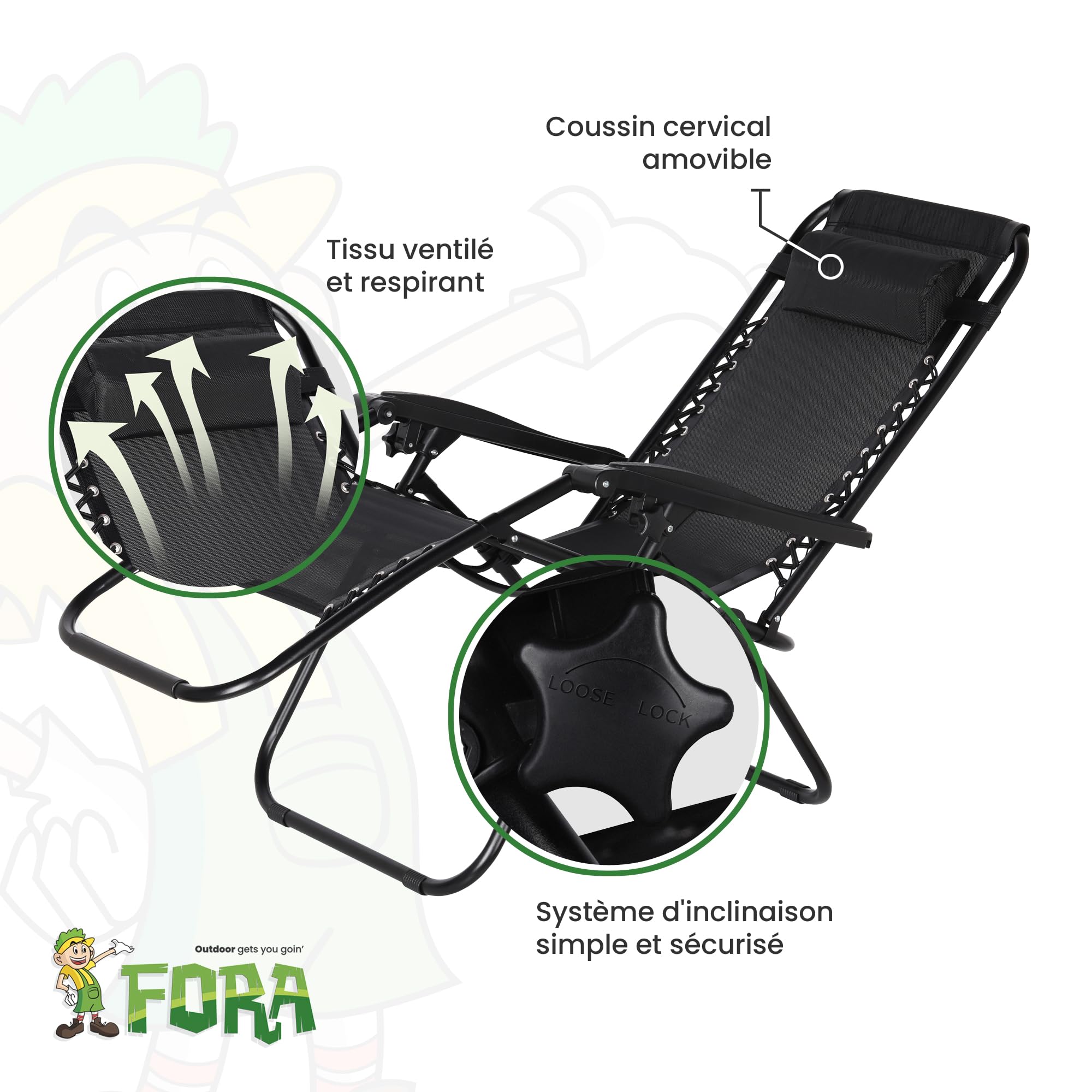 FORA Lot De 2 Chaises Longues de Jardin Pliables – 176×67×110 Cm, Tube 25mm et Toile Aérée, Noir, Inclinables avec Verrou De Sécurité, Coussin Inclus, Pliage Rapide, 120 Kg
