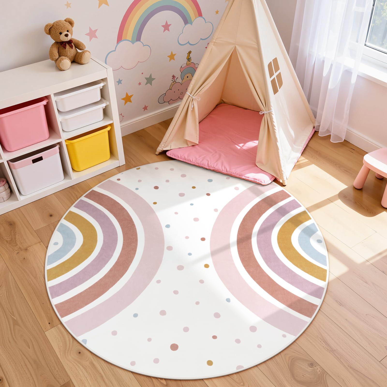STARUIA Colorful Round Rug for Nursery, 4 Ft Rainbow Washable Rug for Playroom, Boho Kids Rug Non-Slip Soft Bedroom Carpet for Classroom Teepee