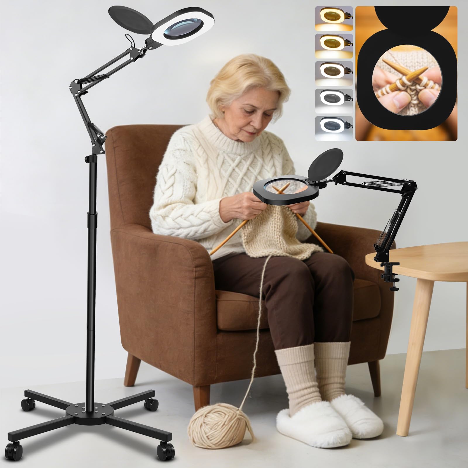 CGBE 10X Lupa con Luz, 2 en 1 Base/Pinza, Manos Libres, para Trabajos Finos | Lámpara Lupa con Brazo Giratorio Ajustable, 80 Perlas LED, Cubierta Antipolvo, para Lectura Reparación Manualidades