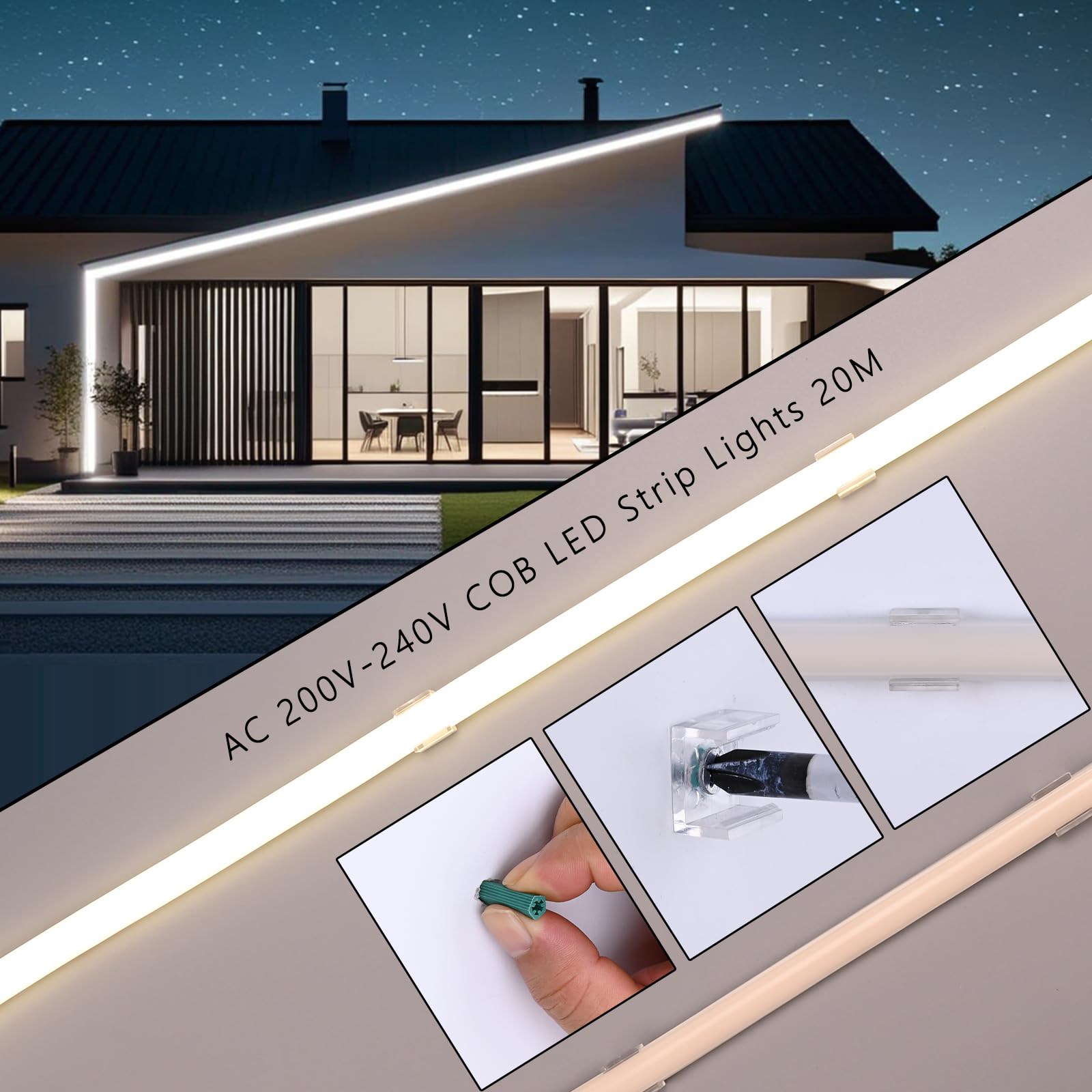 BENLUN Striscia LED COB 220V Esterno Impermeabile 20 metri, 4000K Bianco Naturale 200W 288LEDs/M CRI 90+ Luci LED, Strisce LED senza Trasformatore per Commerciale, Camera da letto