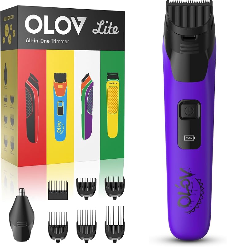 Aparador elétrico de barba OLOV LITE 10 em 1 com aparador para pelos do nariz, barbeador, 6 pentes-guia e USB-C, roxo