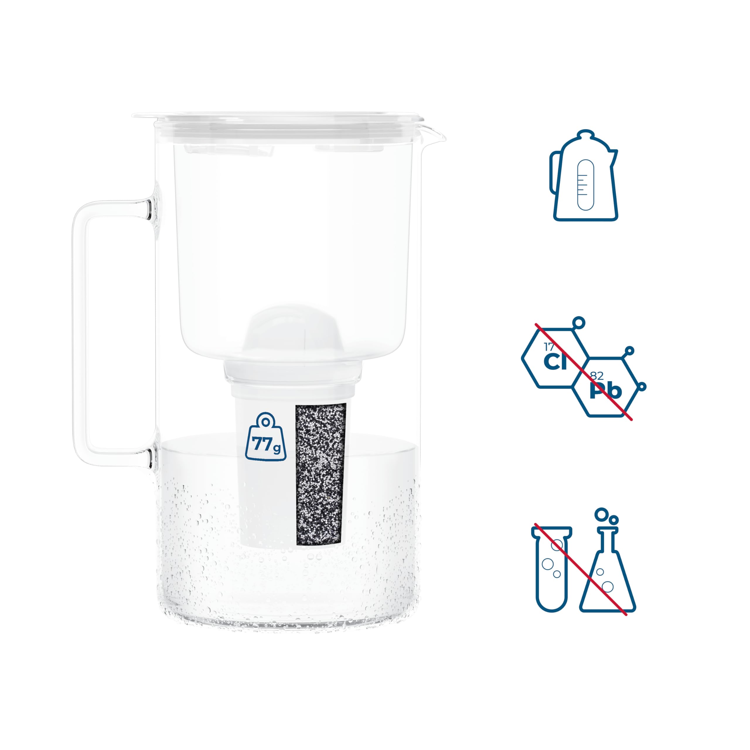 Wessper Caraffa filtrante in Vetro con Cartucce Filtranti per acqua potabile da 2 l, Brocca in Vetro con contatore Filtro Intelligente, Kit Comprendente 1 Filtro a Carbone Attivo- Bianco