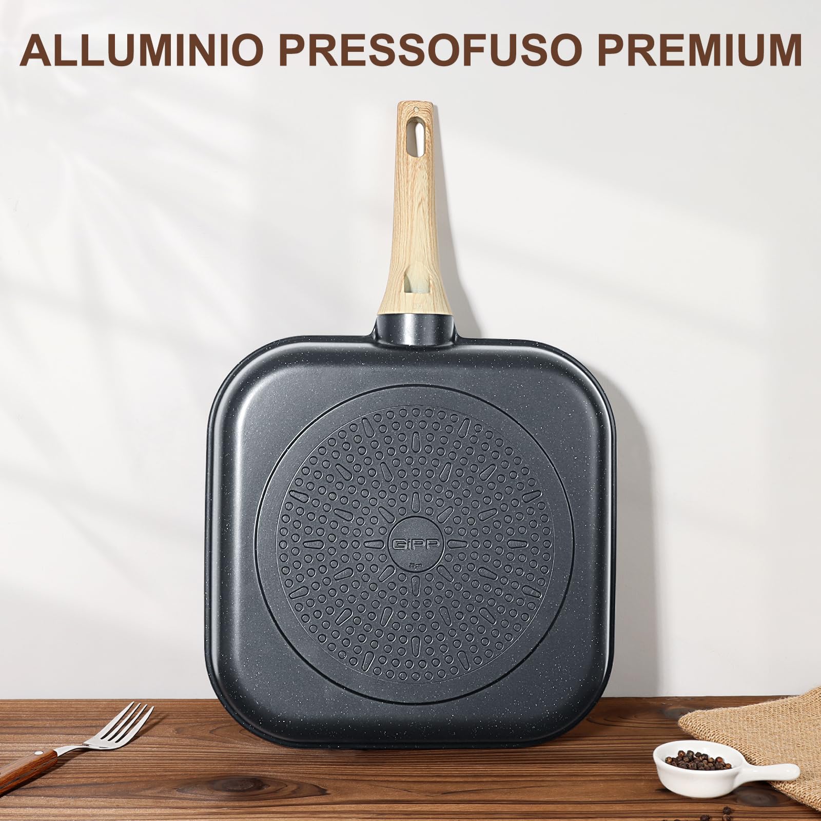 GiPP Bistecchiera 28 x 28 cm, Padella a Induzione in Alluminio Pressofuso con Rrivestimento Antiaderente in Granito, 100% Senza PFOA, Adatta per Tutti i Tipi di Fornelli (Grigio, 28cm)