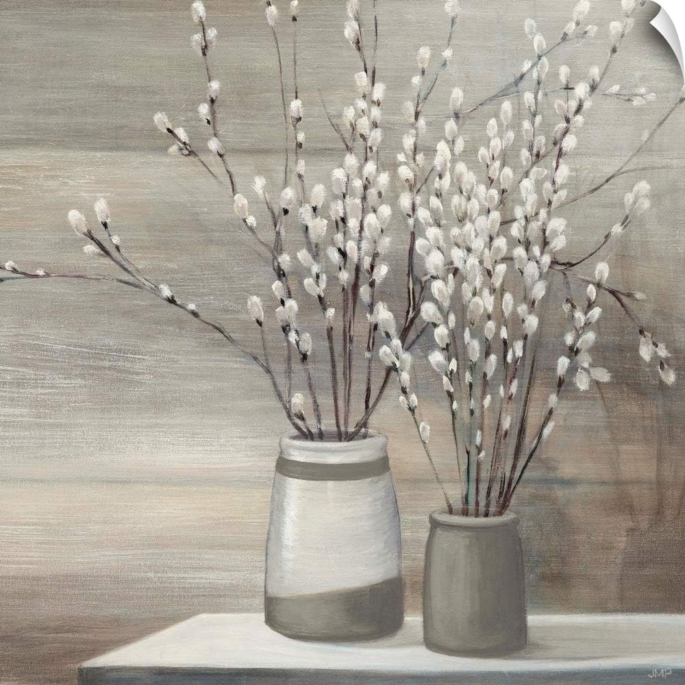 CANVAS ON DEMAND Pussy Willow Still Life Gray Pots Crop Wall Decal, Floral Artwork