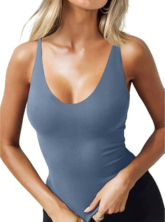CSDAJIO Womens Sexy Scoop Neck Adjustable Spaghetti Strap Fitted Tank Top Double Lined Seamless Cami Sleeveless Shirt