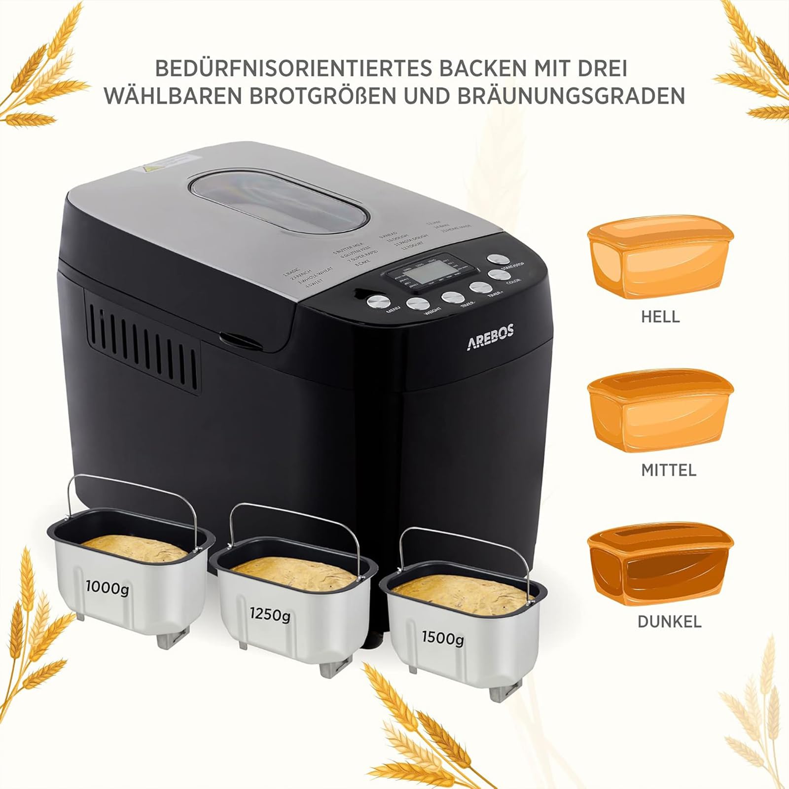 Automatyczny wypiekacz do chleba o mocy 850 W z okienkiem ze stali nierdzewnej, 15 wstępnie zaprogramowanymi ustawieniami, w tym bezglutenowy, 15-godzinnym timerem