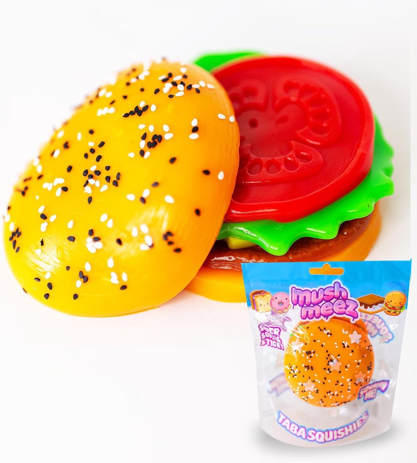 Taba Squishy - Burger (Jumbo) Large, 3.5" Super Soft & Sticky Layered TABA Squishies - Squish, Squeeze, Great for Stress Relief - Sensory / Fidget Play Food Squishy Toys for Kids and Adults