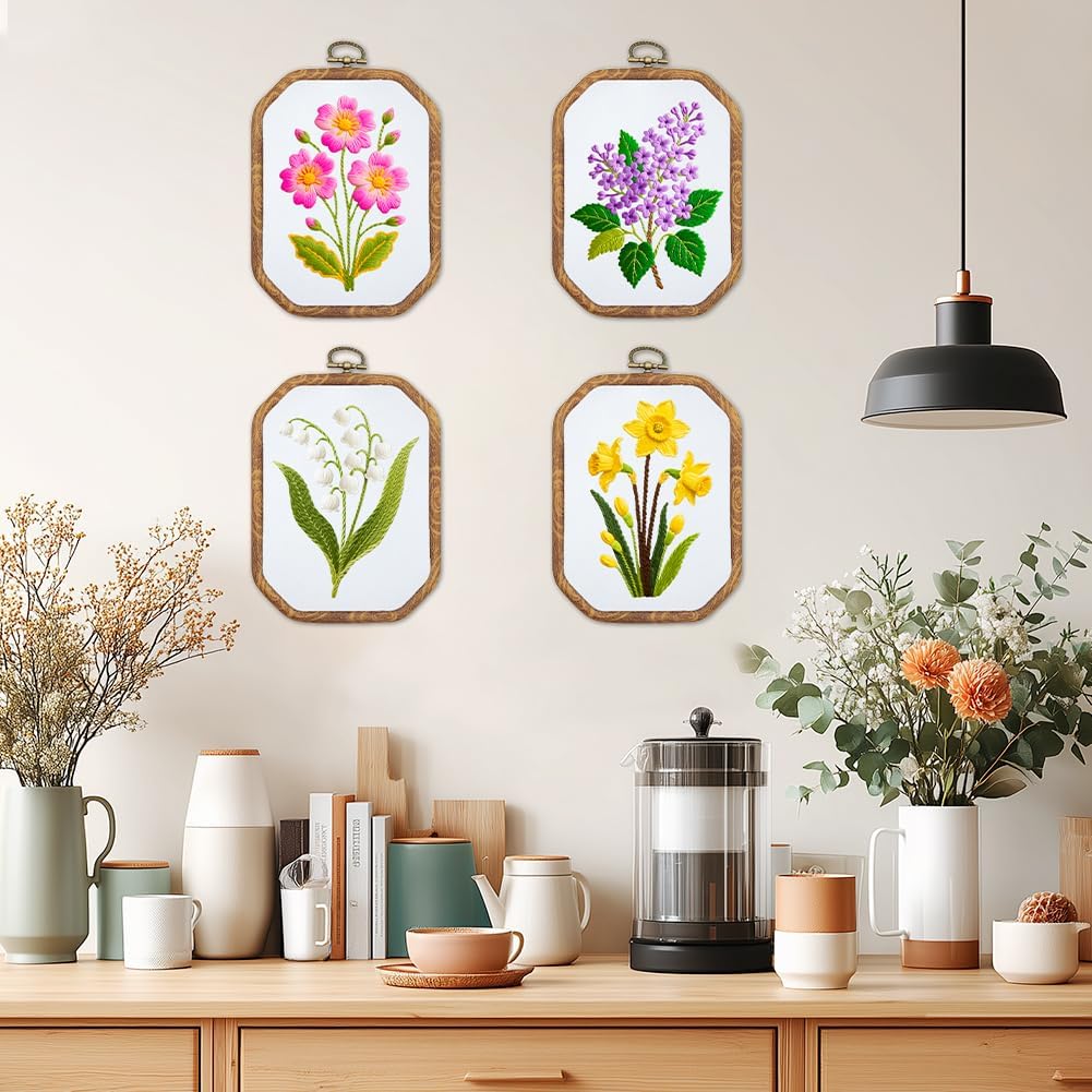 ACRNIGHEET 4PCS Embroidery Practice Kit, Mini Embroidery Kit for Beginners Adults, Stamped Cross Stitch Kits with Stamped Pattern Fabric and Instruction, Creative Gifts, Bellflower Narcissus