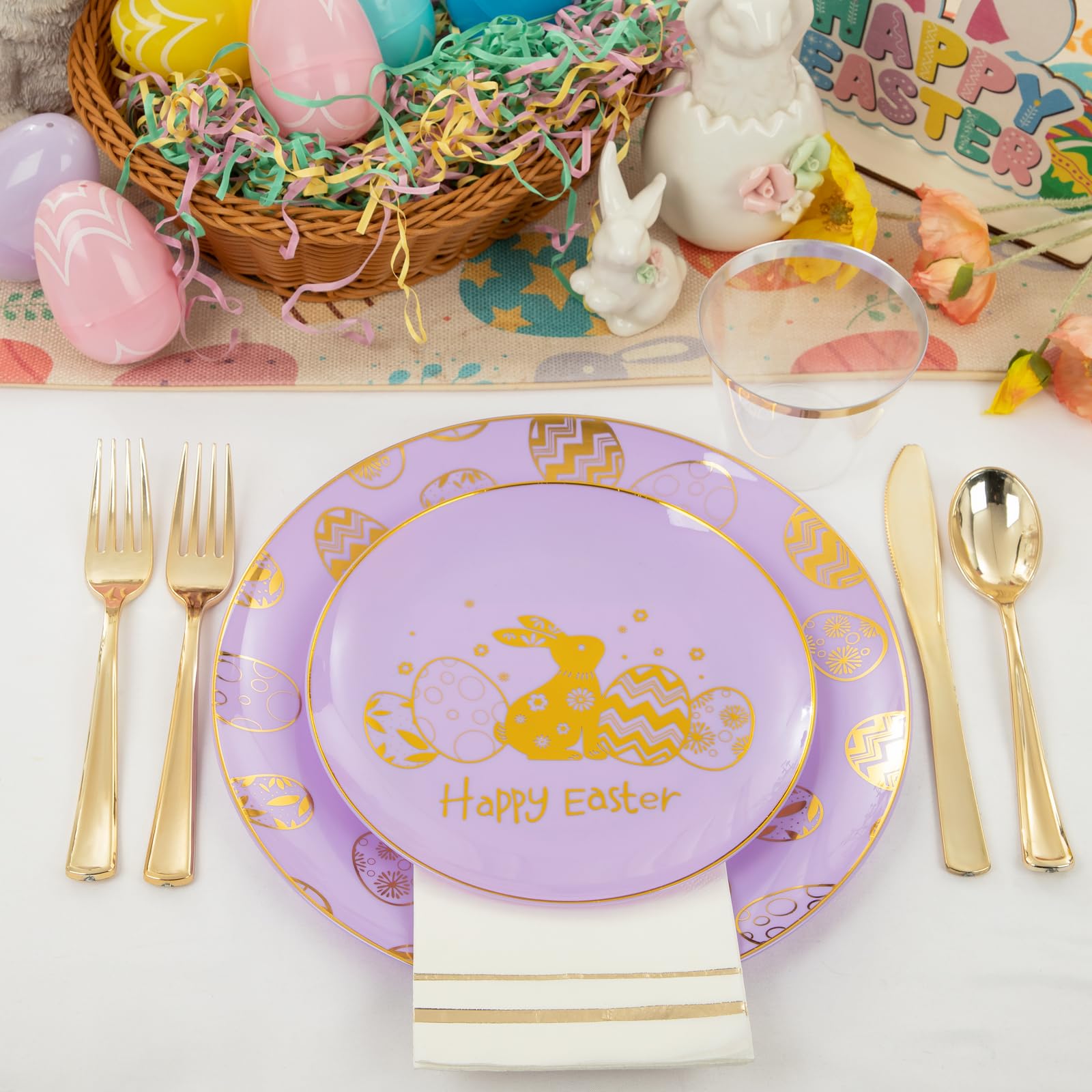Festiva 175-Pc Easter Party Set - Purple & Gold Disposable Plates, Cups, Silverware, Napkins For 25 Guests