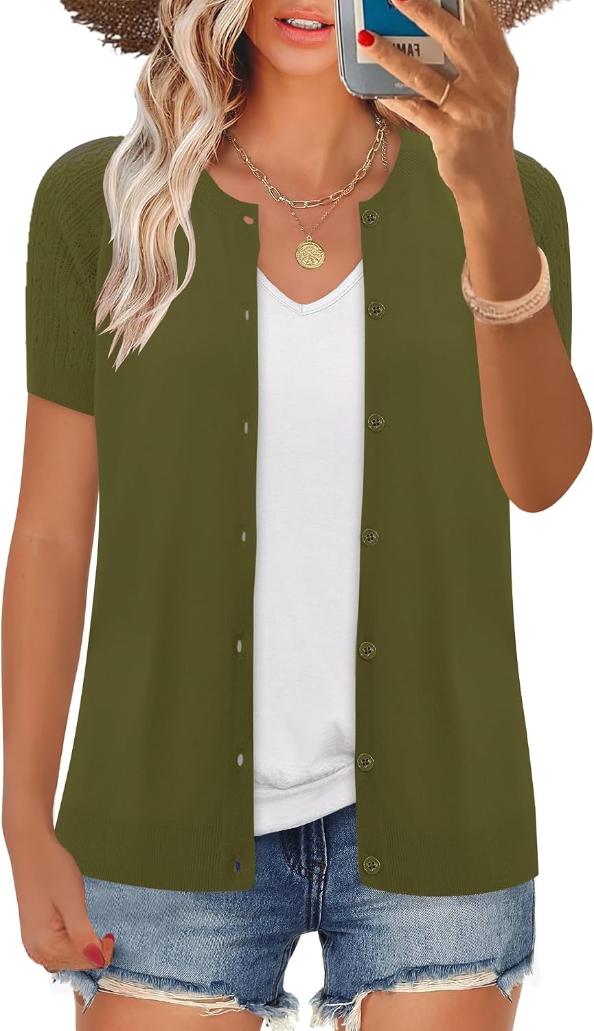 FreshNight Women's 2025 Short Sleeve Cardigan Button Up Hollowed Out Crewneck Shrug Sweaters Knit Sweater Tops Lightweight