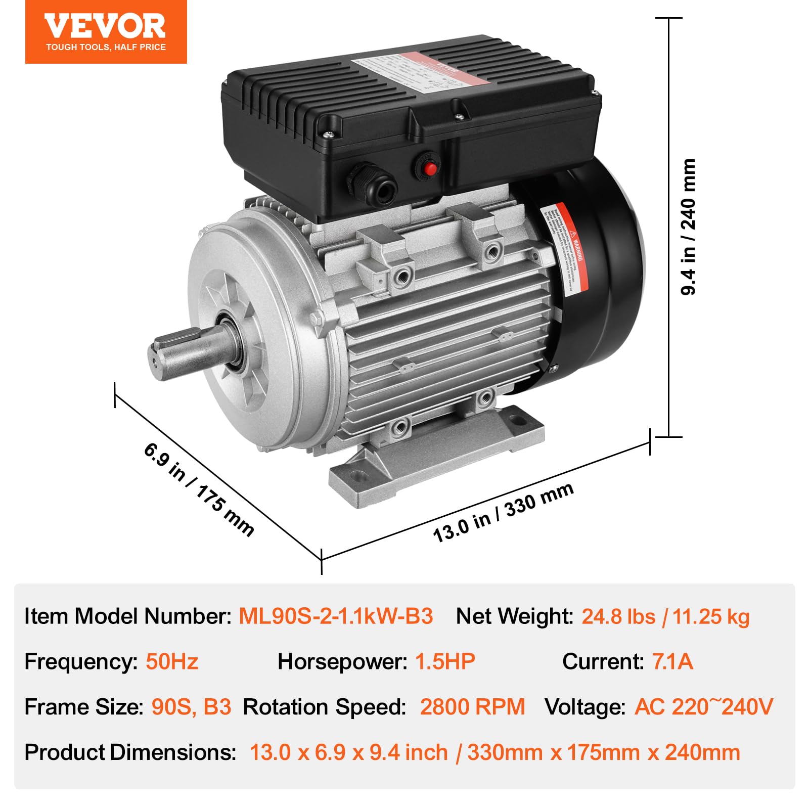 VEVOR Silnik elektryczny 1,1 kW, jednofazowy silnik sprężarki powietrza, 2800 obr./min, AC 220-240 V, 7,1 A, rama 90S, B3, wał sześciokątny 24 mm, obrót CW/CCW do maszyn rolniczych i sprzętu