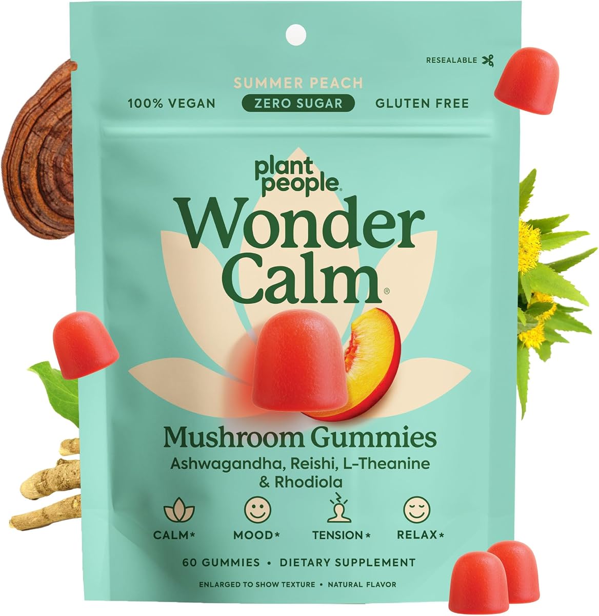 Plant People Gomitas WonderCalm de hongos y Ashwagandha, sabor a melocotón 60 ct | Gomitas calmantes naturales para aliviar el estrés y mejorar el estado de ánimo de adultos sin azúcar, gluten ni colorantes artificiales, aptas para veganos