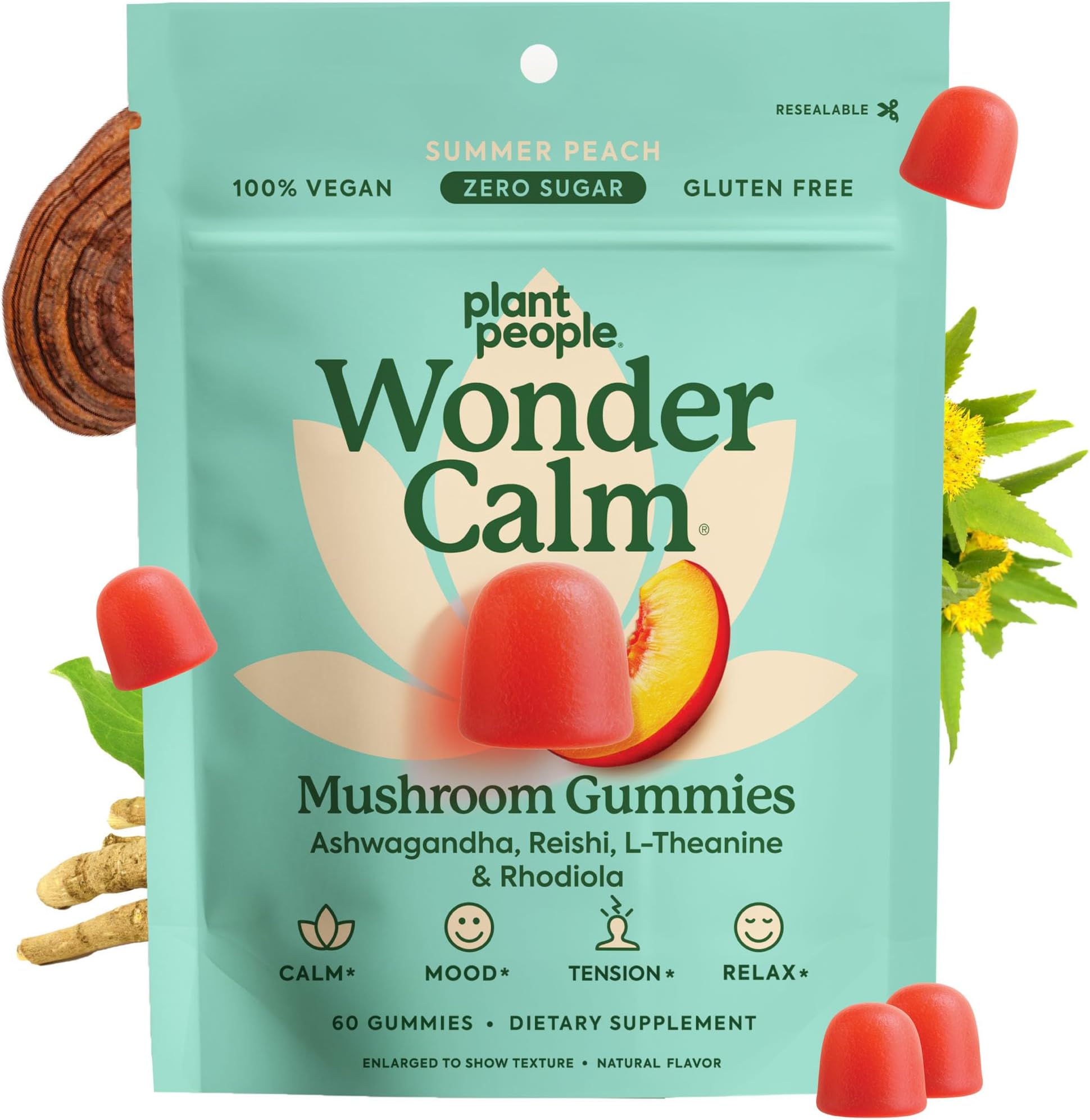 Plant People WonderCalm Mushroom Gummies - Natural Ashwagandha Supplement to Ease Stress & Boost Mood for Adults without Sugar, Gluten or Artificial Colors, Vegan-Friendly, Peach Flavor, 60 Count