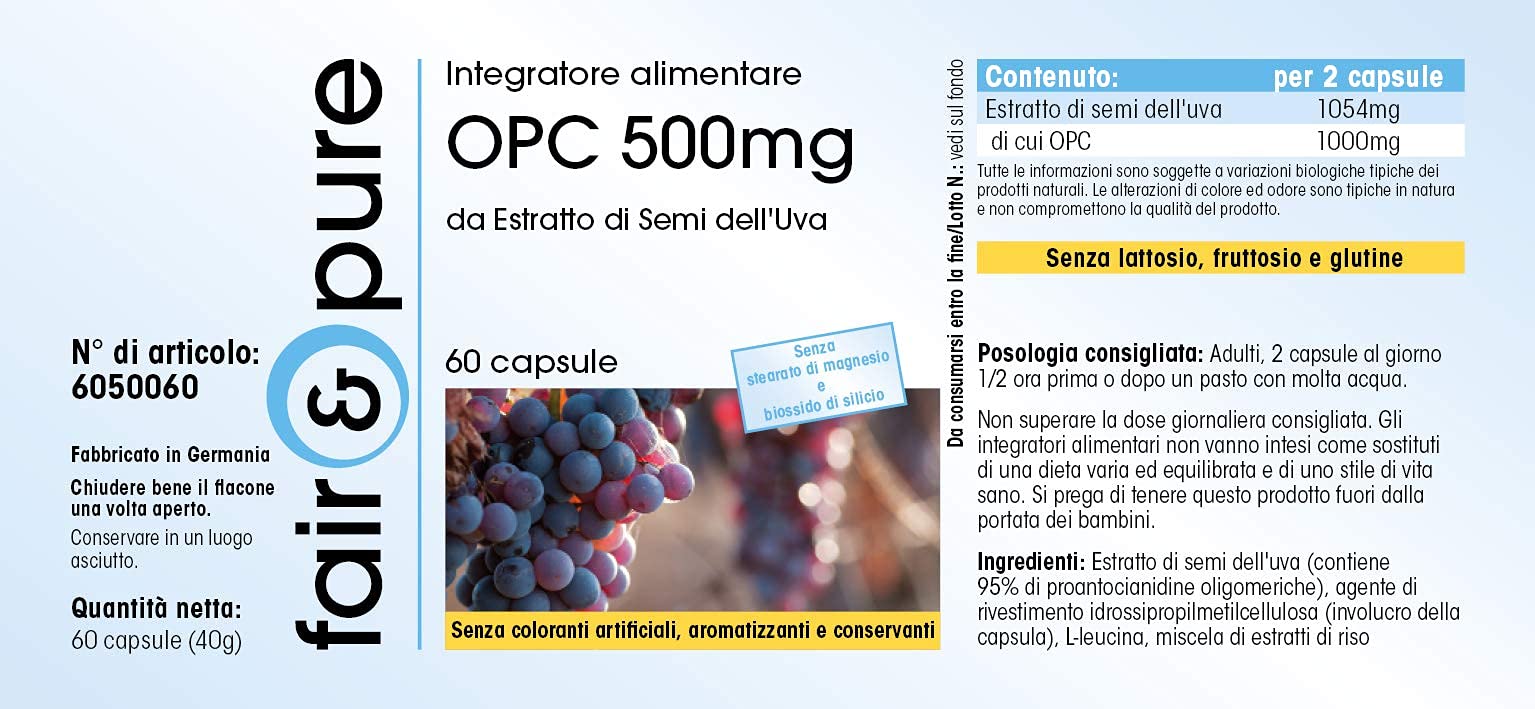Fair & Pure® - OPC 500mg - Estratto di semi d'uva - Vegan - 60 Capsule (Confezione da 2)