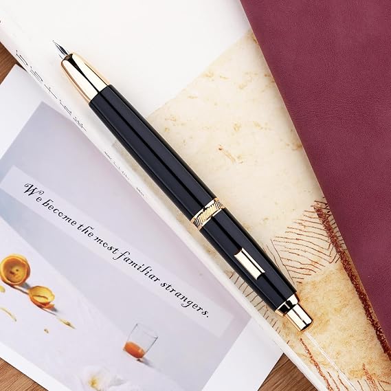 Majohn A1 Press Fountain Pen Fine Nib with Converter, Retractable Black Golden Writing Set (No Clip Version)