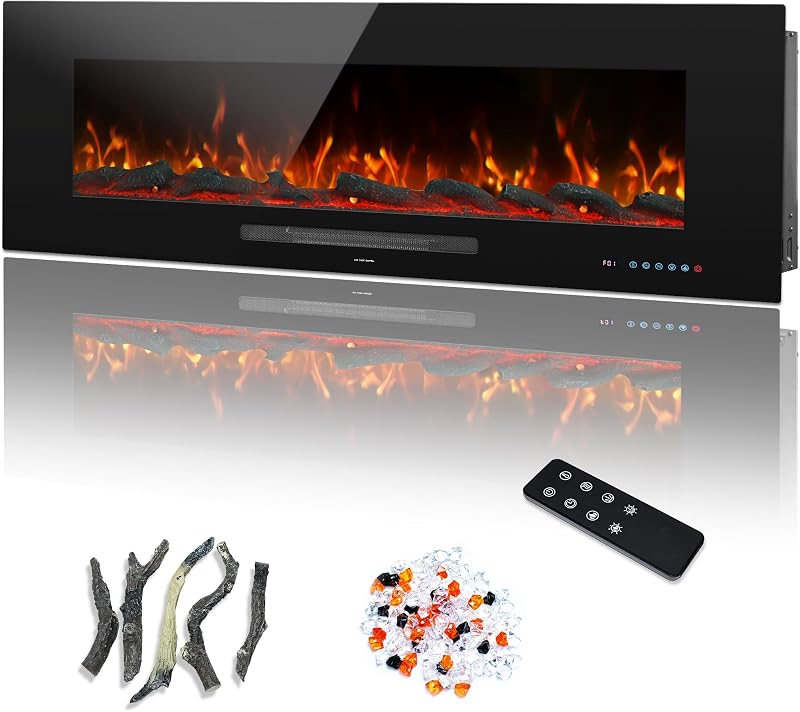 50" Electric Fireplace, Recessed & Wall Mounted Fireplace Heater 13 * 13 Colors Flame &Fuel Bed w/5 Dimmer, Touchscreen &Remote Control Temp, Overheating Protect, Hardwired, 1500W, Black