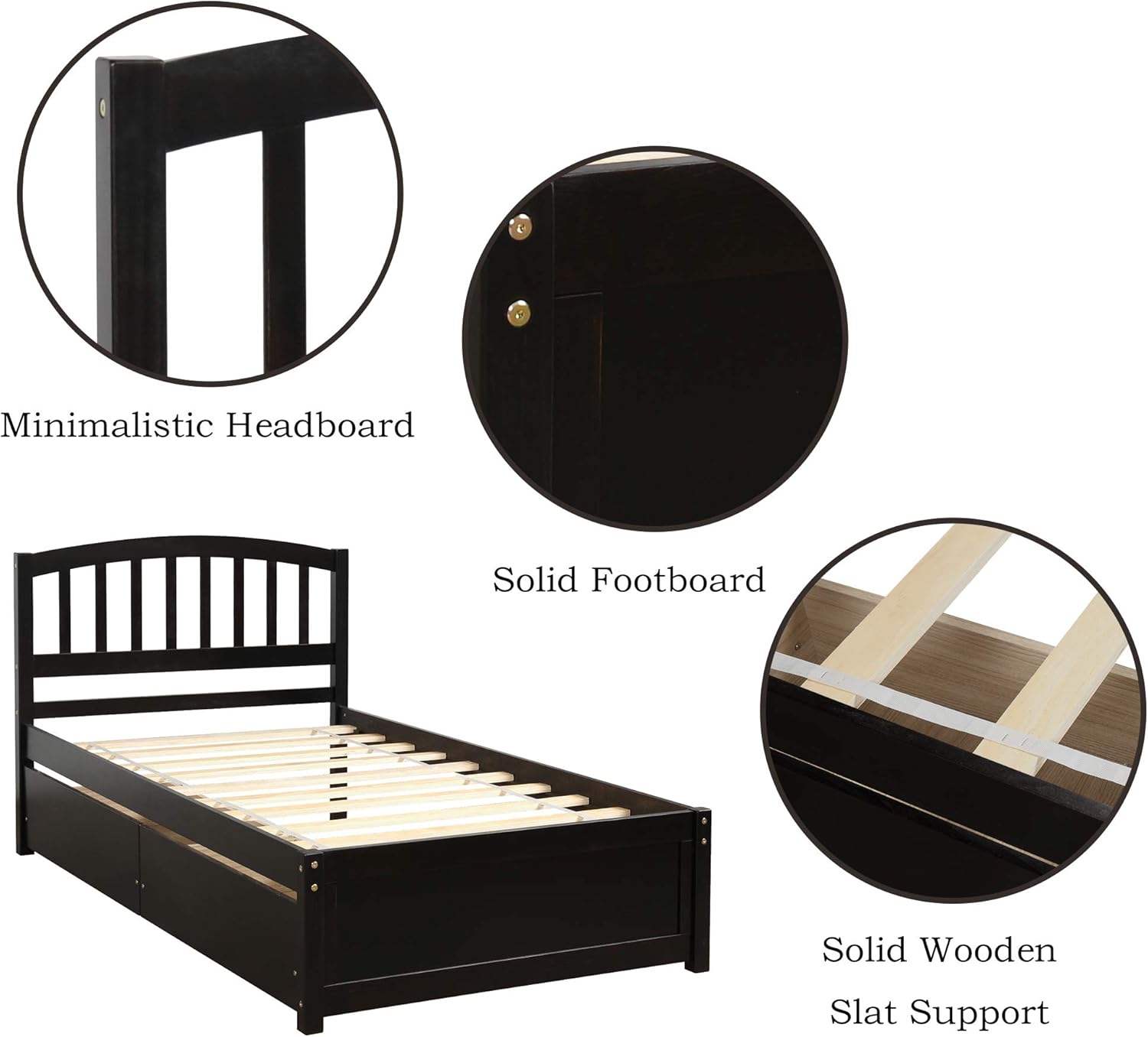 Merax Twin Size Platform Bed Solid Wood Storage Bed Frame with Two Drawers and Headboard, Espresso