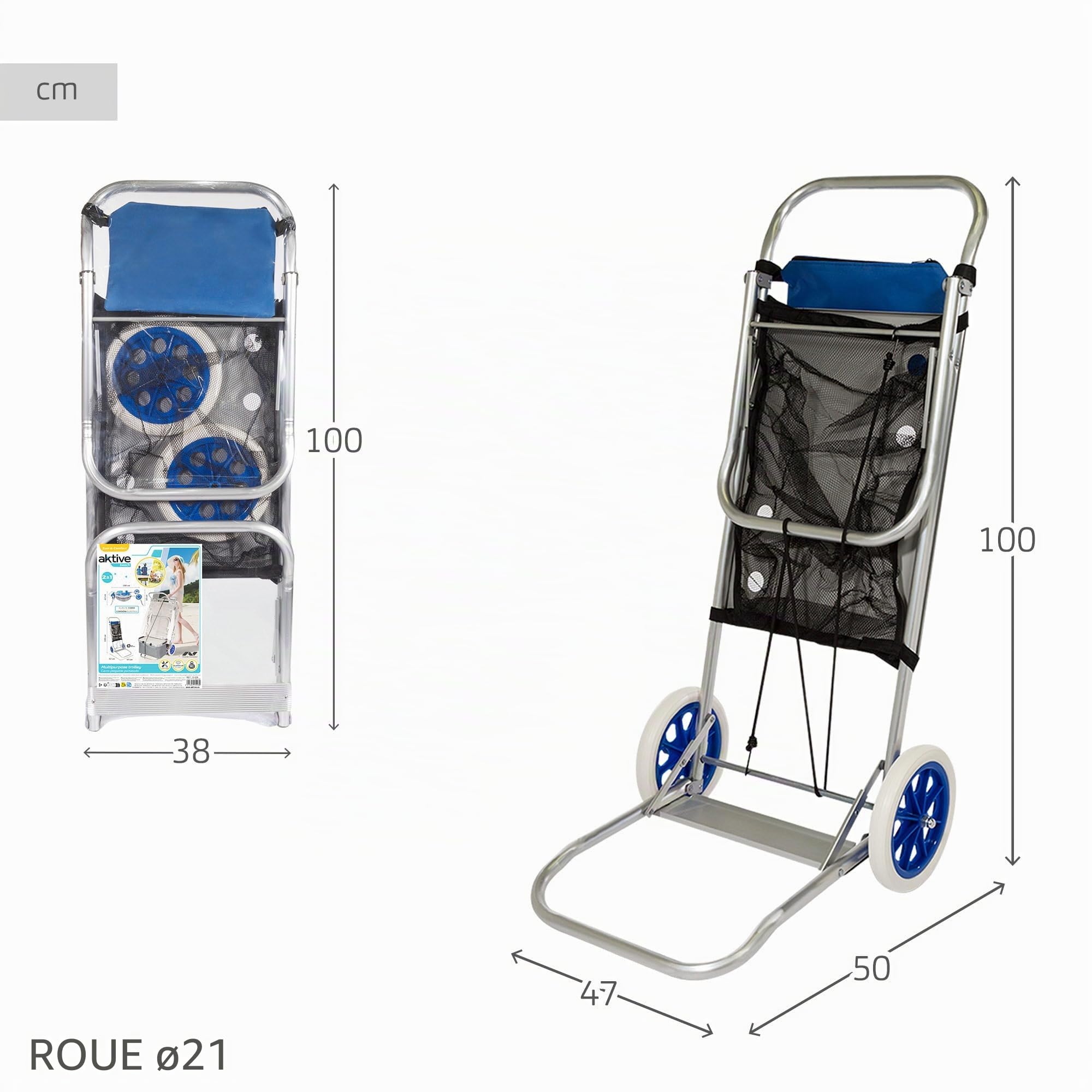 AKTIVE 53928 - Chariot de Plage Pliable Transformable en Table 2 en 1, Dimensions 47 X 52 X 100 cm, Poids Maximum 20 kg, Housse de Transport Polyvalente pour la Plage, Le Camping, Les Événements