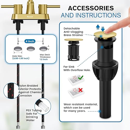 Miniatura 4 de Grifos de baño, grifo de baño de 3 agujeros, grifo para fregadero de baño, 4 pulgadas, 2 manijas centrales, sin plomo, con drenaje desplegable de